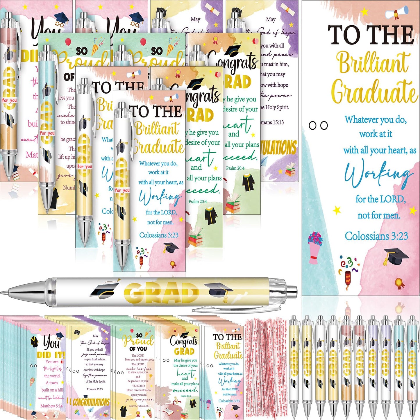 Sayglossy 100 Sets Religious Graduation Gifts Bulk Include Christian Congrats Grad Ballpoint Pens Motivational Bible Verse Bookmark Greeting Card for 2026 Graduation Party Favors Teacher Graduate