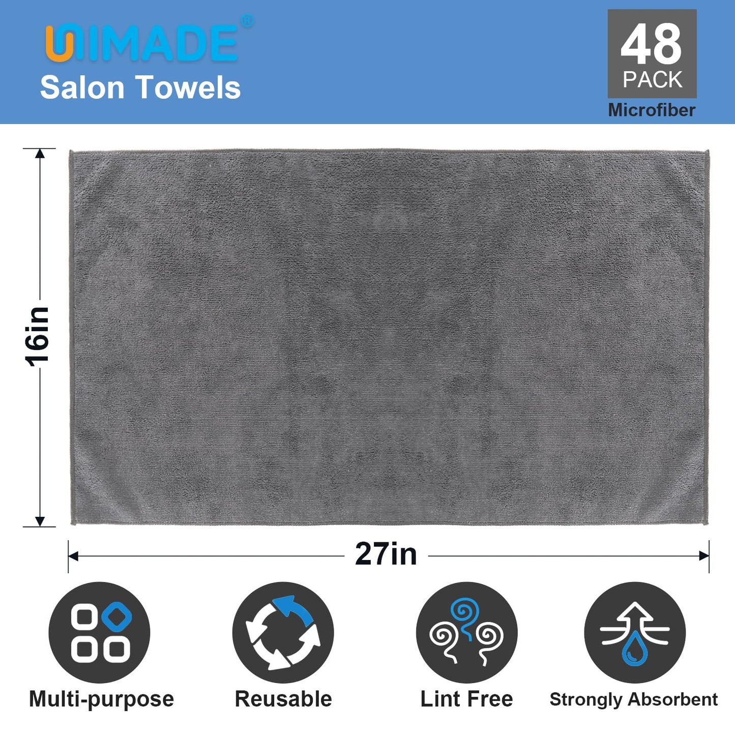 UNIMADE 48 Pack Gym Towels Set - Highly Absorbent and Quick Drying Microfiber Salon Towels, Premium Hand Cloths for Bathroom, Gym, Shower, Hotel, and Spa - 16x27 inch (Grey)