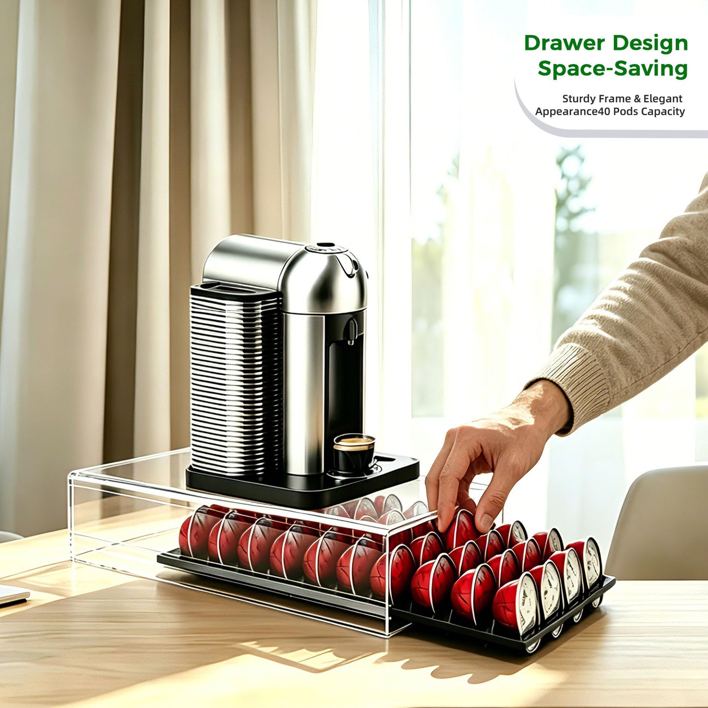 Lovemolly Acrylic Capsule Drawer for Nespresso Vertuo, 40 Pod Coffee Organizer with Thickened Shelf Hold Up to 22 lbs, Countertop Storage Fits Under Coffee Maker, 15"L x 10.7"W x 2.9"H