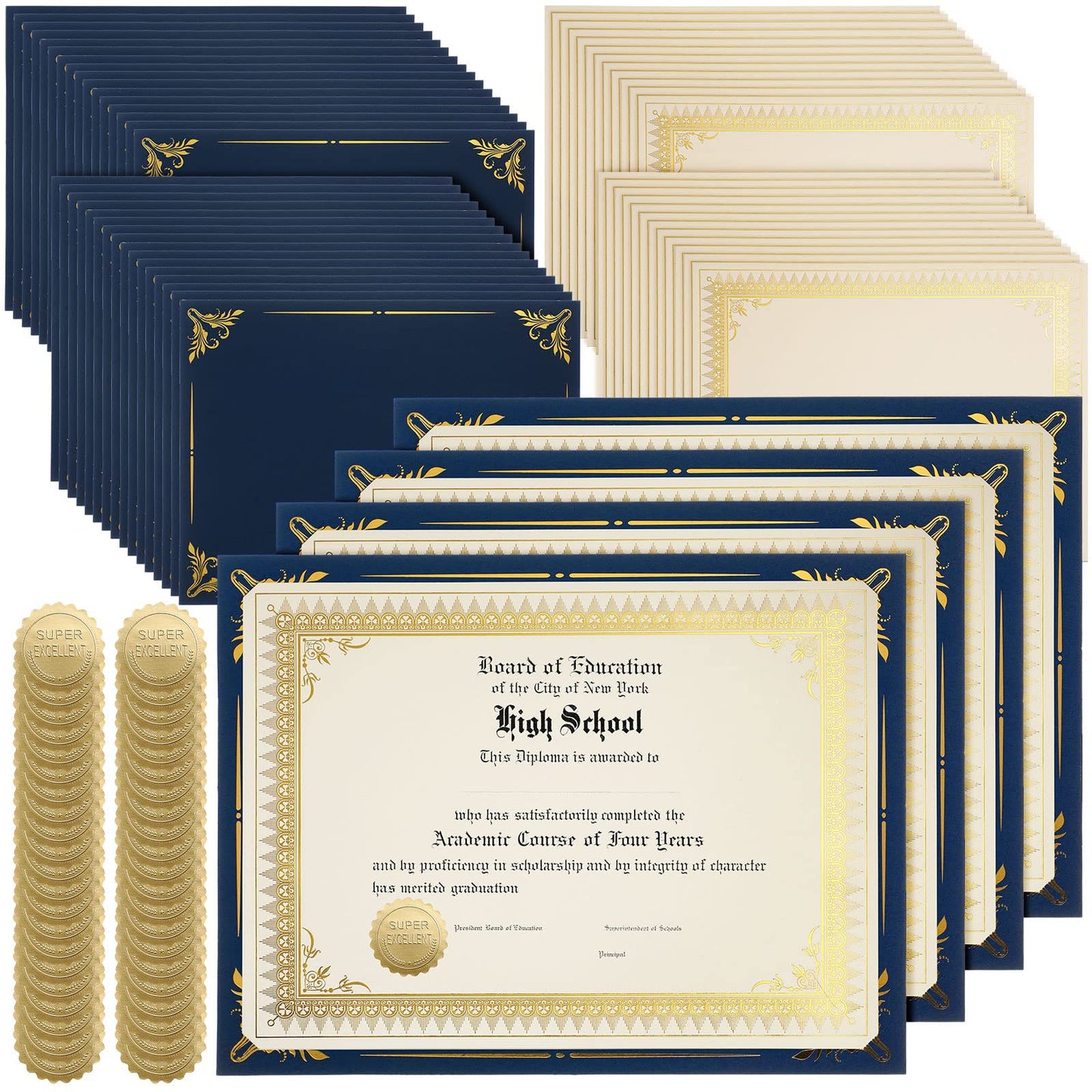 Fainne 100 Sets Certificate Paper Kit Single Sided Awards Holder with Foil Border for 8.5 X11 Certificate Covers Award Seals Stickers Diploma Covers(Navy Blue)