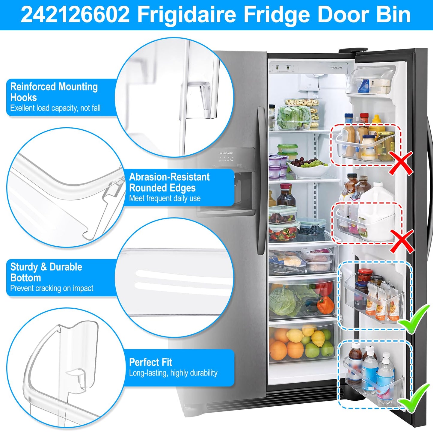 [2 PACK]UPGRADED LFSS2612TF0 LFSS2612TF4 FFSS2615TS0 FFSS2615TS5 FGSS2635TF5 FGSS2635TF6 Refrigerator Door Bin Shelf For Frigidaire Door Shelf 242126602 Refrigerator Door Shelf FFSS2615TS2 Door Bin