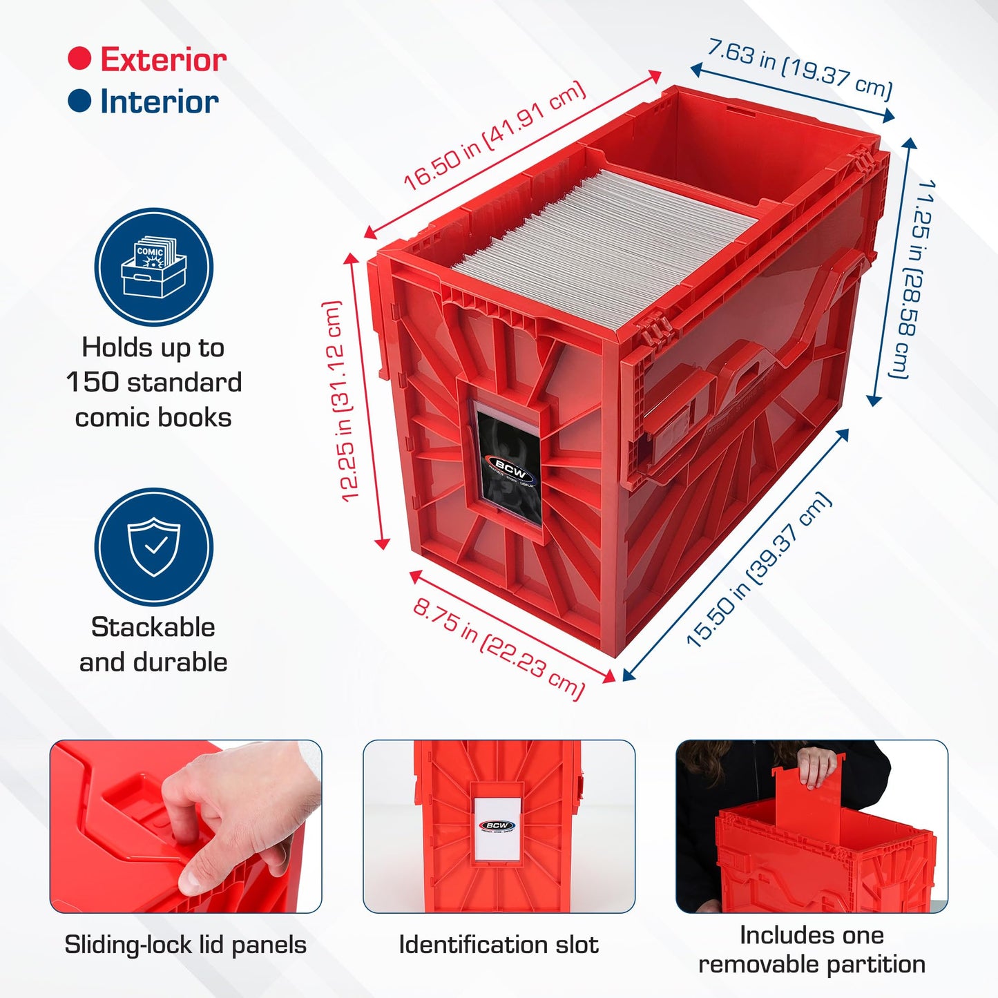 BCW Short Comic Book Bin | Holds 150 Comics | Stackable Plastic Storage | Acid-Free Organizer | Red, Single