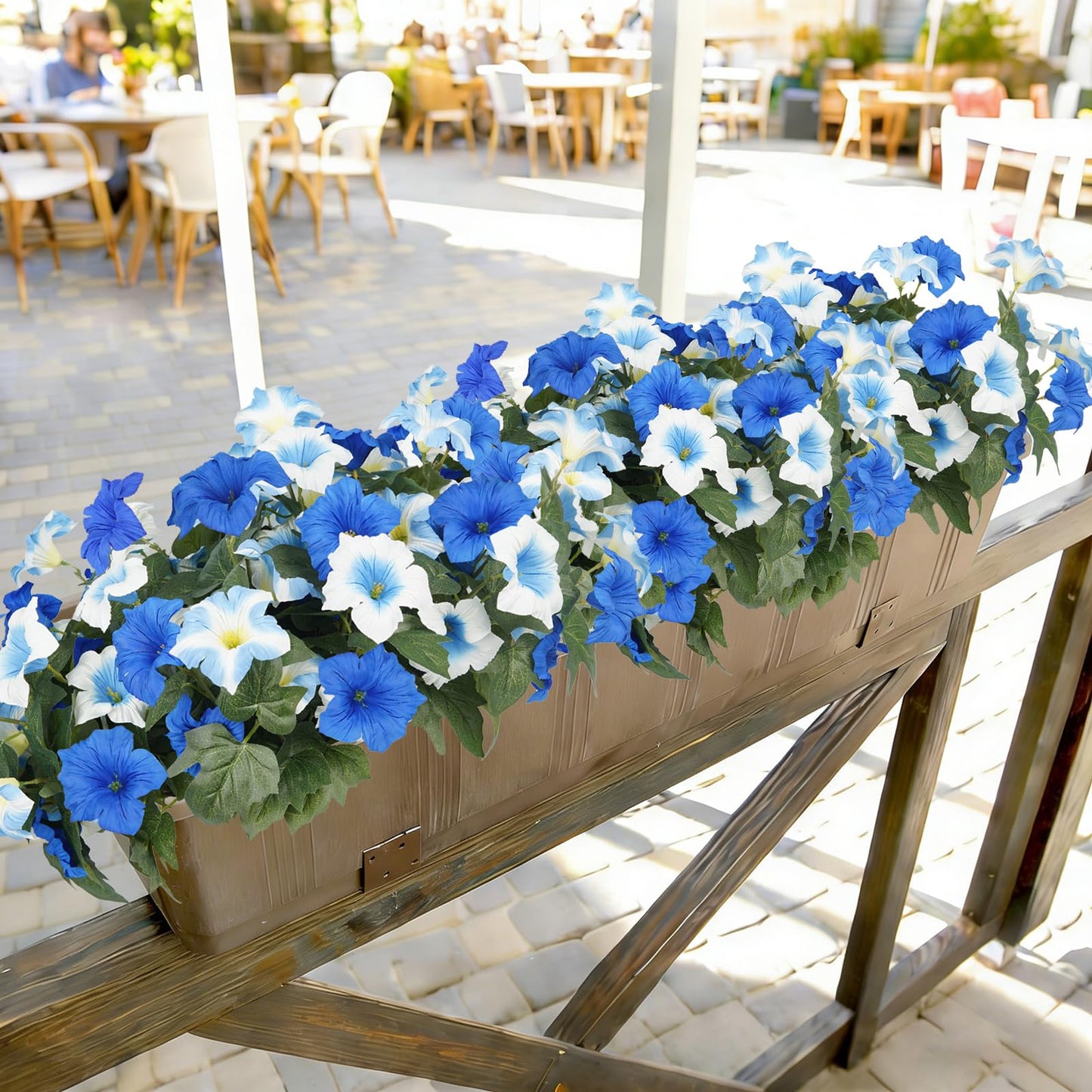 Artificial Flowers for Outdoors, Faux Petunias Spring Summer Decoration, Fake Flowers Plants UV Resistant Look Real Silk Flowers for Outside Planter Front Door Porch Patio Yard (12, Blue-White)