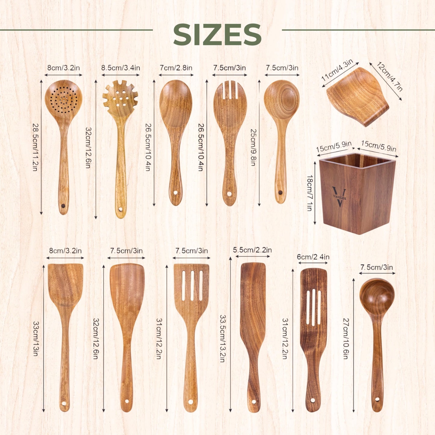 Vasilek Wooden Utensil Set XXL – 13 Piece Acacia Wood Cooking Tools with Square Holder for Nonstick Cookware with Holder & Spoon Rest – Wooden Spoons for Cooking, Spatula, Spurtle