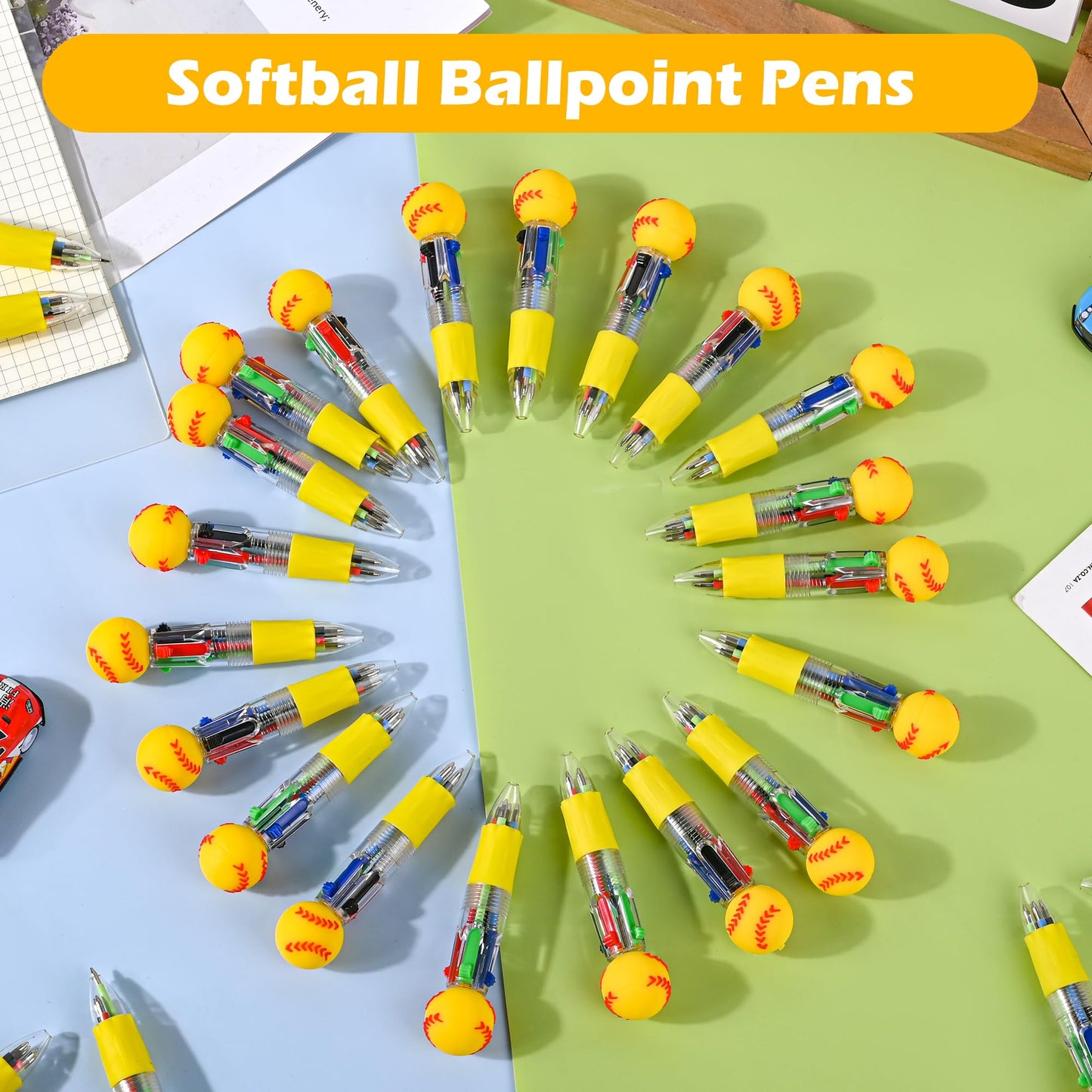 LiYiQ 100 Pcs Softball Party Favor Multicolor Pen in One Cartoon Cute Fun 4-in-1 Cute Pens Bulk Kawaii Softball Shape Cool Ballpoint Pens for Kids Fun Gifts