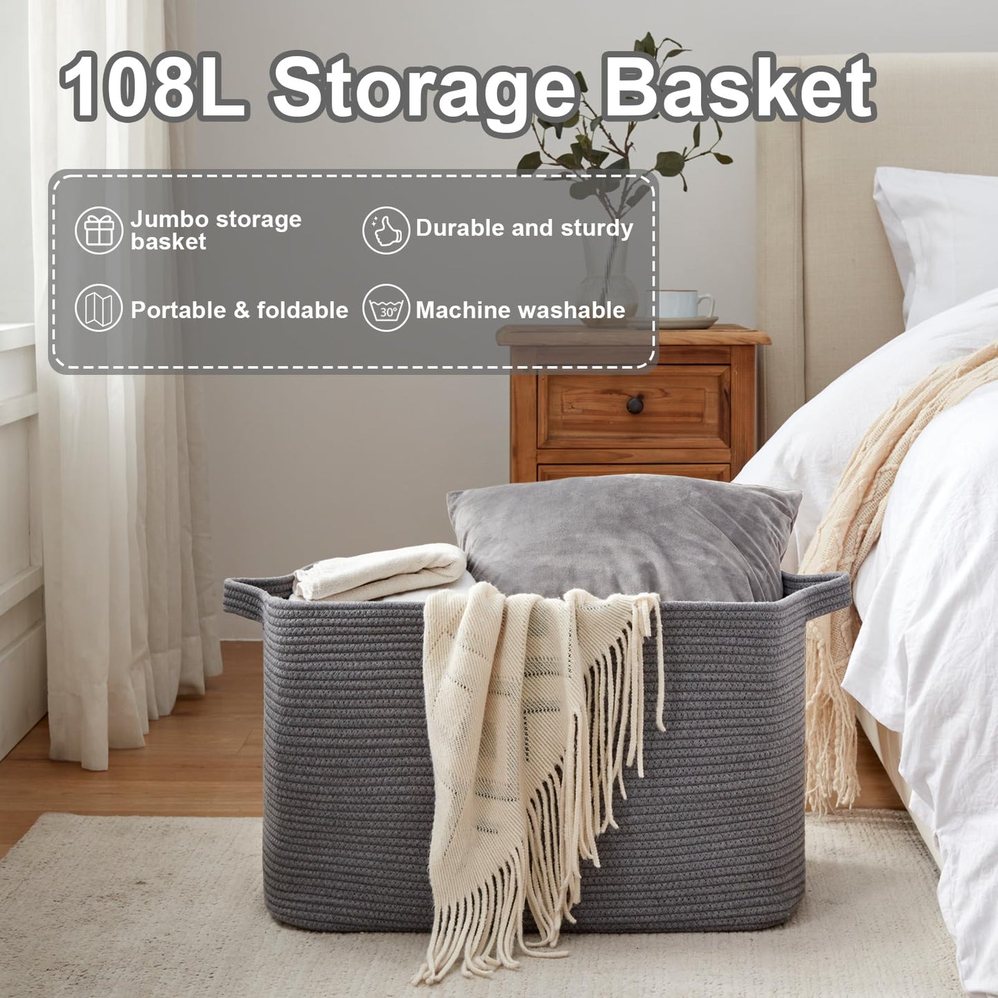 108L Extra Large Blanket Basket, for Living Room, Nursery, Bedroom, Laundry Room,Rectangle Woven Storage with Handles for Comforters, Pillows, Cushions and Toys, 24.8" x 16.2" x 16.2", Dark Grey