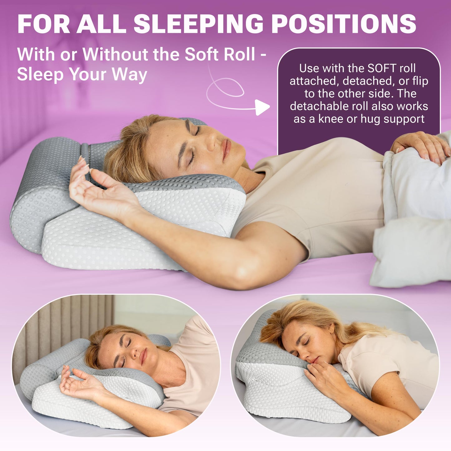 3-in-1 Orthopedic Pillow, Cervical Neck Pillow for Sleeping, Adjustable Height Memory Foam Neck Pillow and Detachable Roll, Contour Pillow for Neck Pain Relief for All Sleeping Positions (Gray)