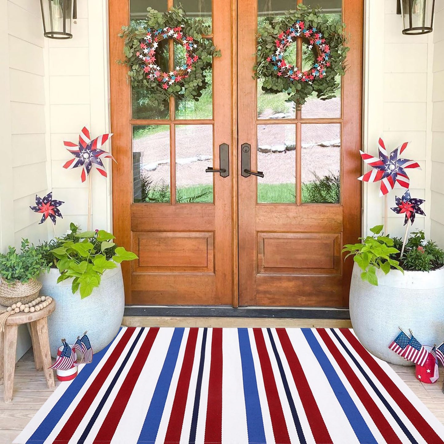 Bottalive USA 250th Anniversary Patriotic Doormat, 3' x 5' Red White and Blue Striped Outdoor Rug, Washable Farmhouse Front Porch Welcome Mat for Memorial Day, 4th of July, and Independence Day Decor