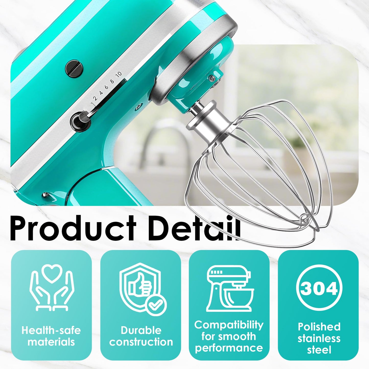 Ezato 3-Piece Stainless Steel Mixer Attachment Kit for KitchenAid 4.5/5 QT Tilt-Head Mixers, K45WW Wire Whip, K45DH Dough Hook & K45B Coated Flat Beater, Baking Essentials Set, Dishwasher Safe