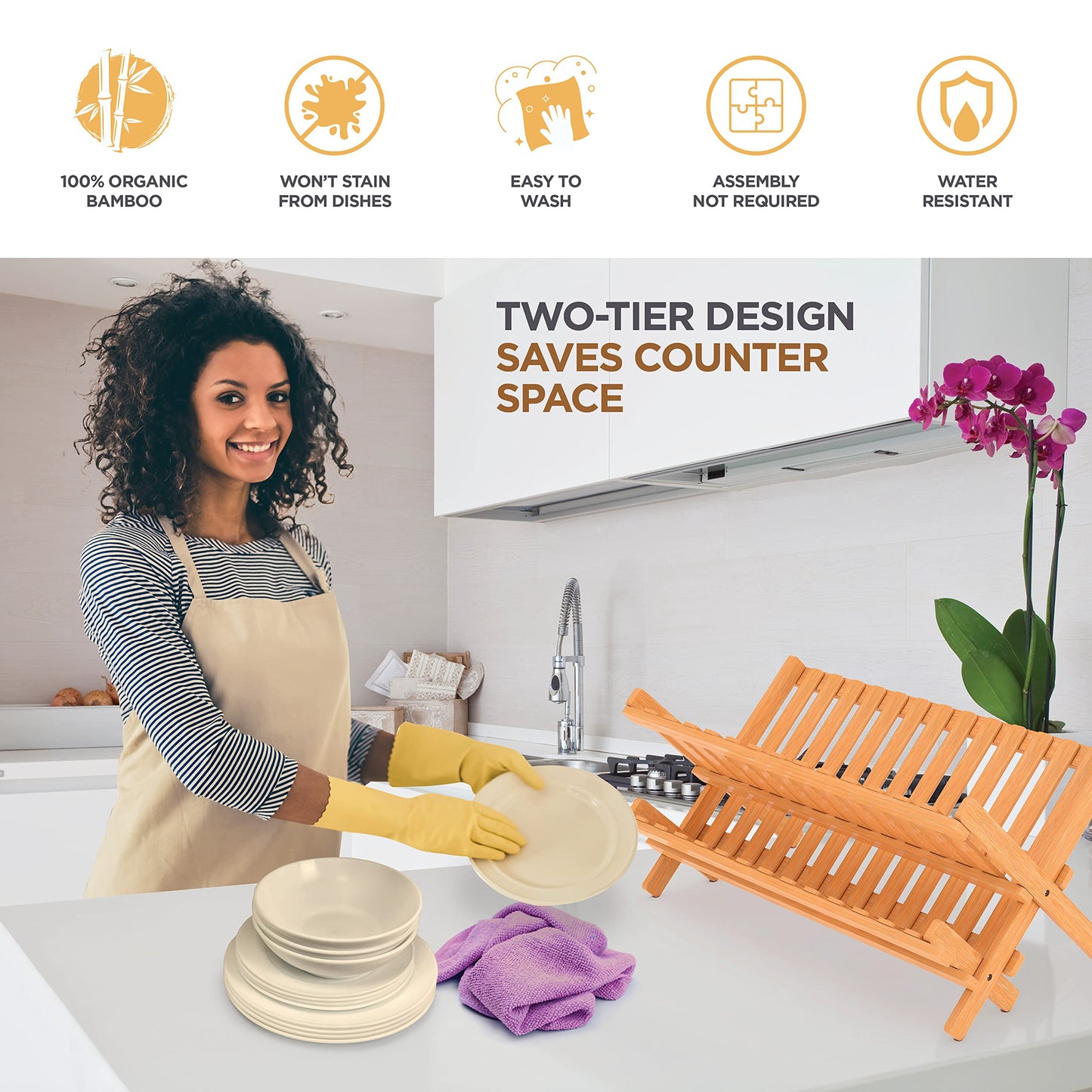 Bambüsi Dish Drying Rack - Collapsible Bamboo 2 Tier Foldable Wooden Dish Drainer for Countertop, Plates Cups Bowls Utensils - Eco Friendly Folding Bamboo Dish Rack for Kitchen Apartment RV Home Small