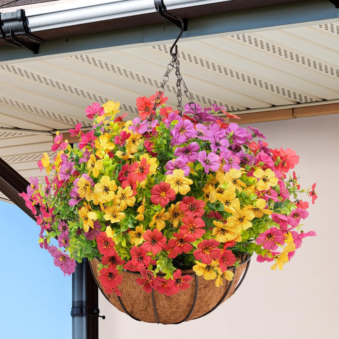 Stymedeca 2 Set Artificial Flowers Faux Hanging Plants Basket for Spring Summer Outdoor Outside Decoration, Fake Silk UV Sun Resistant Daisy Eucalyptus for Porch Home Patio Balcony Yard Decor