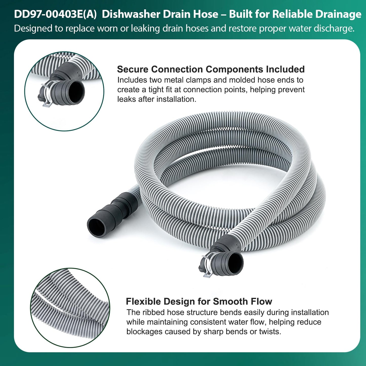 OEM DD97-00403E(A) Dishwasher Drain Hose (7.25ft) - Compatible With Samsung Dishwasher Parts Replacement AP6981640 PS12749174 EAP12749174 PD00069562