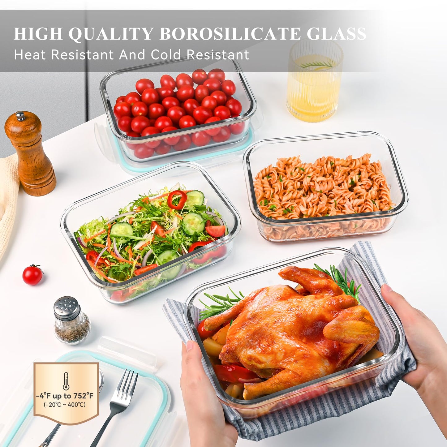 GEHE 4 Pack 52 oz Large Glass Food Storage Containers with Lids - Glass Meal Prep Containers For Baking, Storing, Airtight Lunch Container, Freezer, Dishwasher, Microwave and Oven Safe, BPA Free