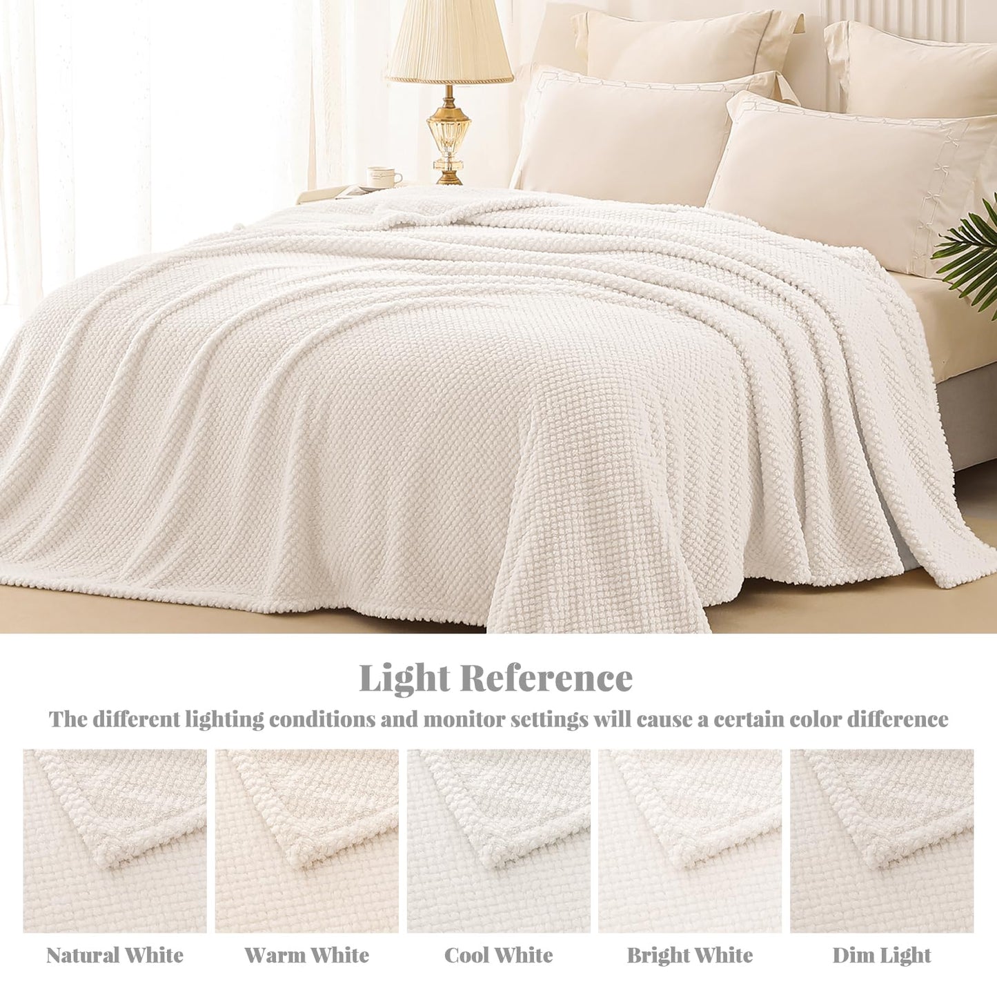 Whale Flotilla Queen Size Fuzzy Fleece Blanket for Bed, 90x90 Inch Fluffy Soft Jacquard Blankets for All Season, Lightweight and Cozy, Ivory