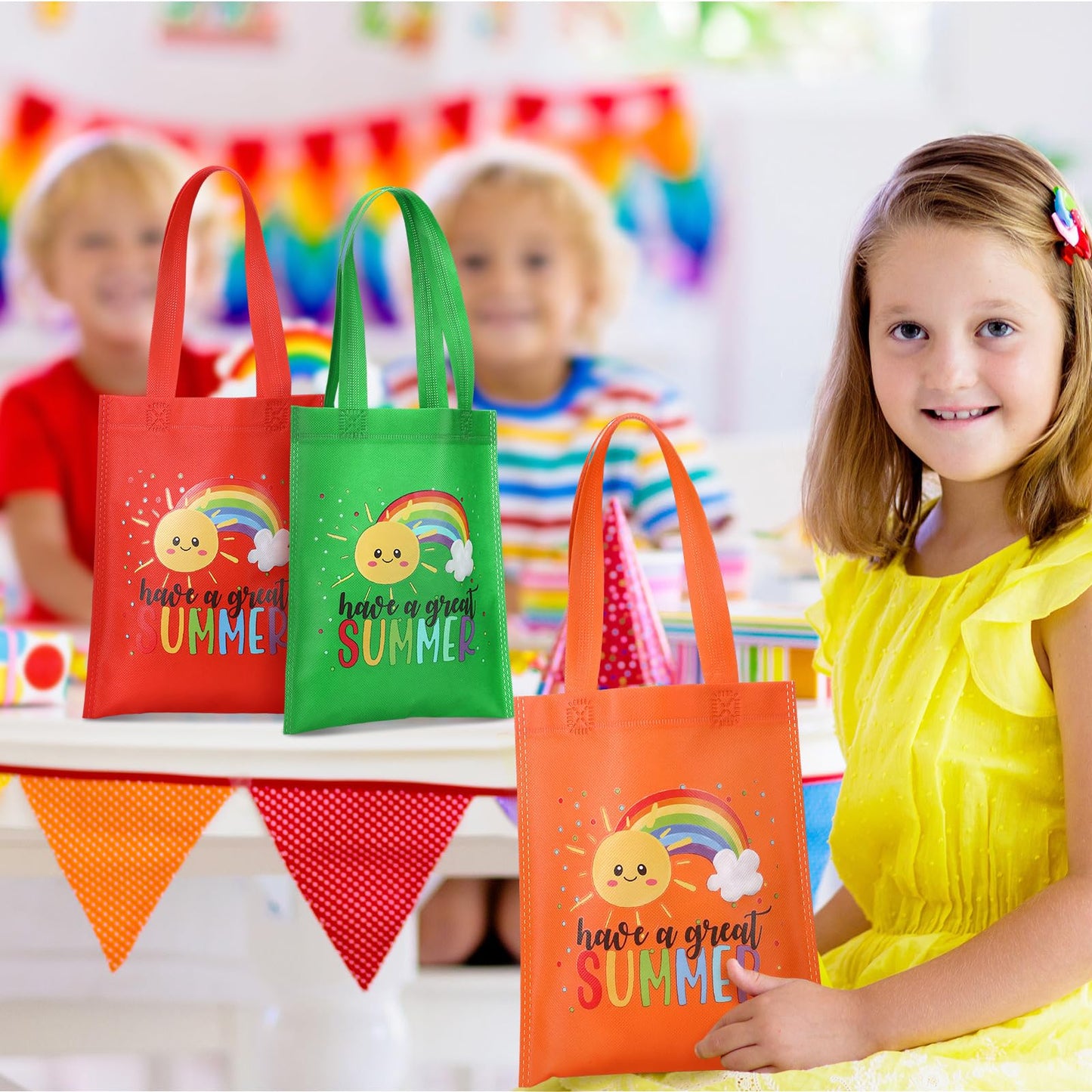 Dansydaisy 24 Pcs End of the Year Gift Bags for Students Bulk Rainbow Non Woven Tote Bags Party Favor Bag with Handles for Sunday School Gift Teacher Appreciation Graduation Party Supplies (Summer)