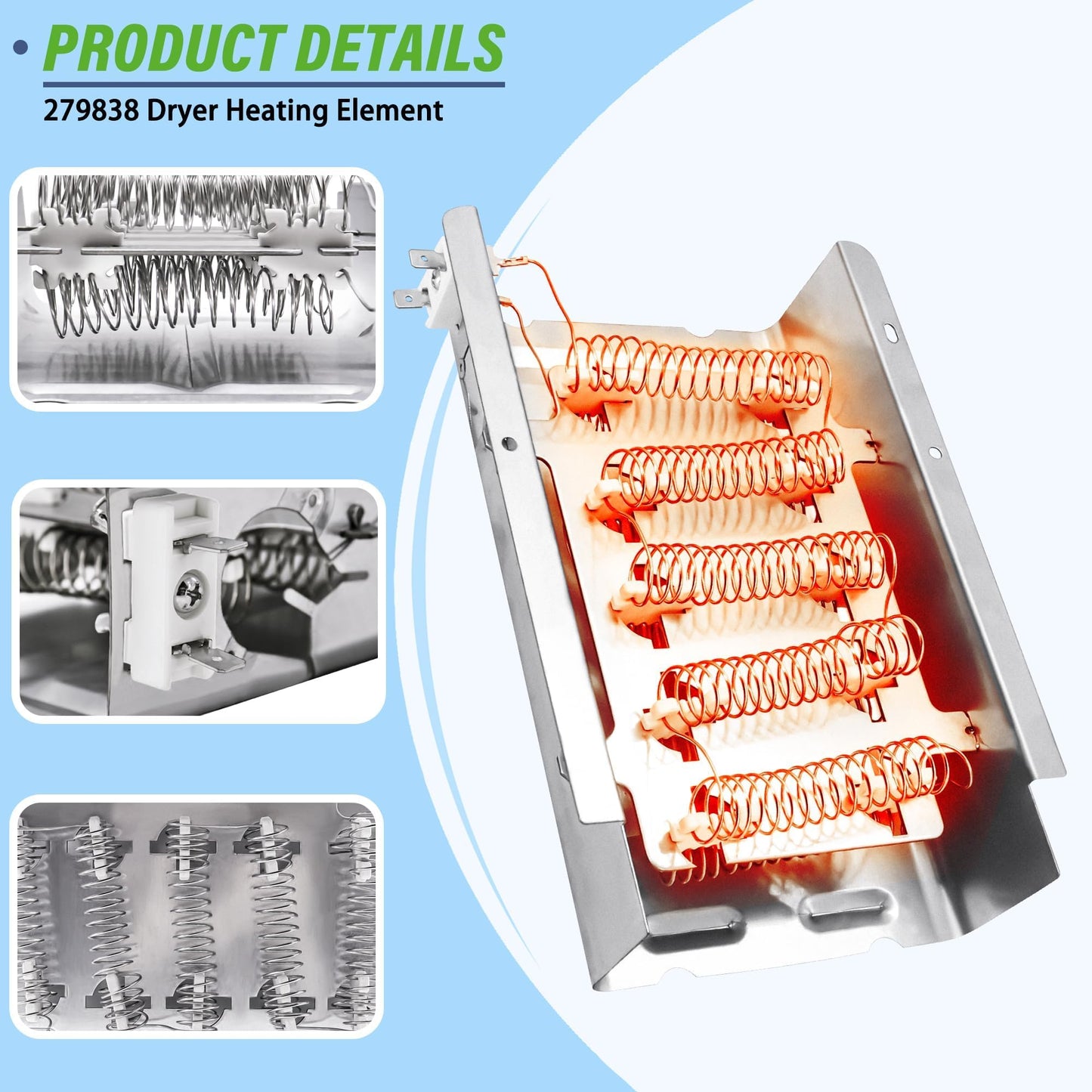 W10724237 279838 2 Pack Dryer Heating Element Kit Fit for whirl-pool Ken-more May-tag 1106012510, 1106012990, 11060817990, 11060857990, 11062202101, 11062332511, 11062702100, 11062824100, 11096576410