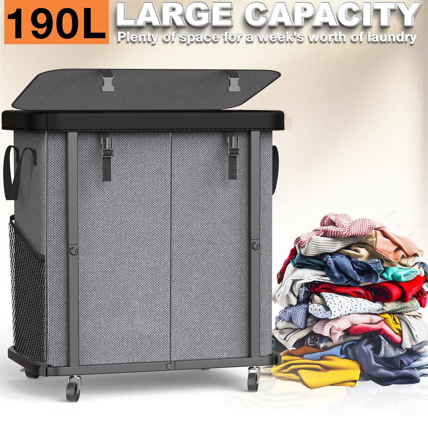 190L (50 Gal) Large Fashion Laundry Basket with Wheels, Leather Patchwork Rolling Hamper Carts, Sturdy Metal Frame, Removable Washable Bag, Tall Clothes Sorter for Bedroom - 2 Setion Gray