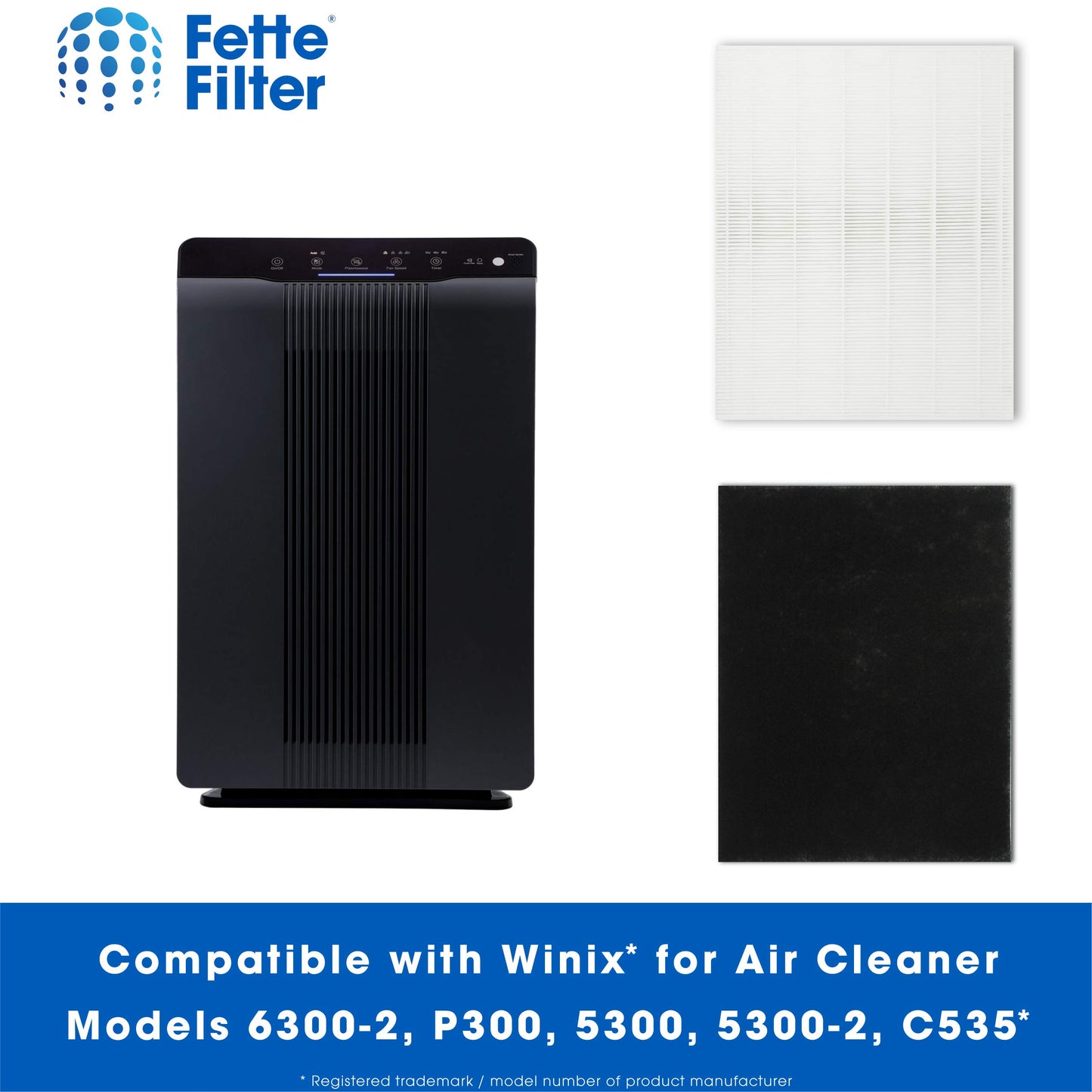 Fette Filter - 2 Filter + 8 Carbon Filter 115115 Premium HEPA H13 Filter Compatible with Winix Filter A 115115 Size 21 Plasma Wave Air Purifier AM90 P300 5300 5500 5300-2 6300-2 6300 C909 9800 C535.