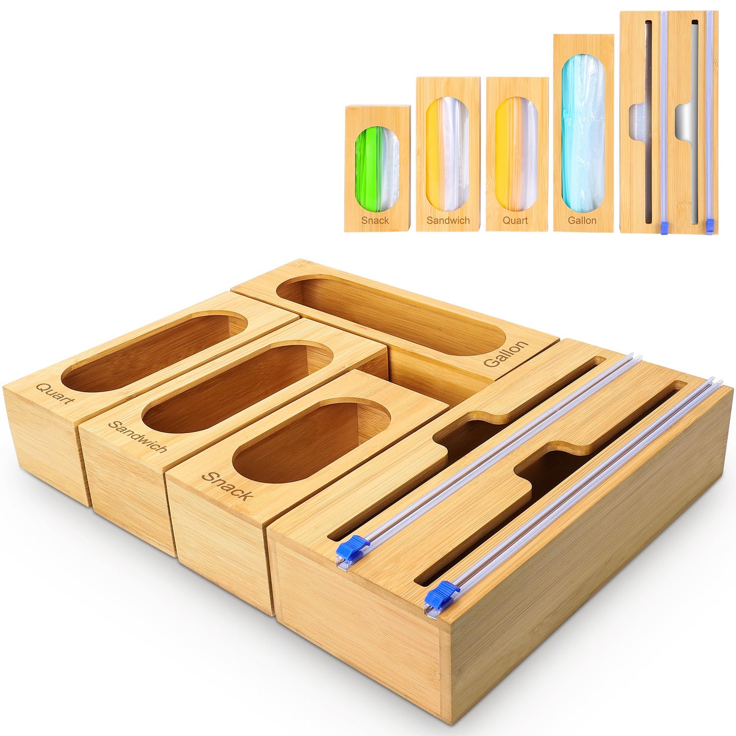 Gamtik Individual Storage Bag Organizer for Kitchen Drawer, Bamboo with Foil and Plastic Wrap Organizer for Kitchen Organizers and Storage, for Gallon, Quart, Sandwich, Snack