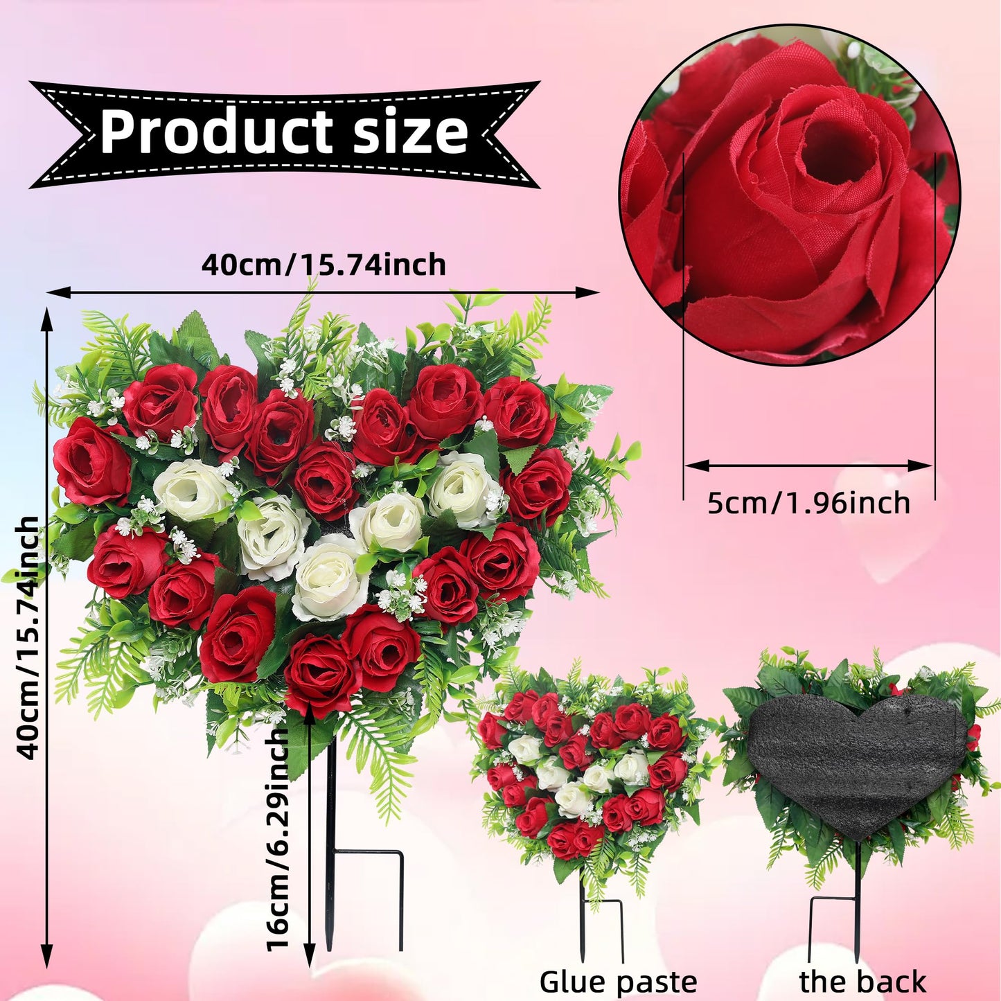 Lodou 2 Sets Artificial Cemetery Flowers, Grave Memorial Flowers with Ground Spike,Heart Shaped Wreaths Rose Flowers for Artificial Rose Decoration for Cemetery Headstones Gravesites (red)