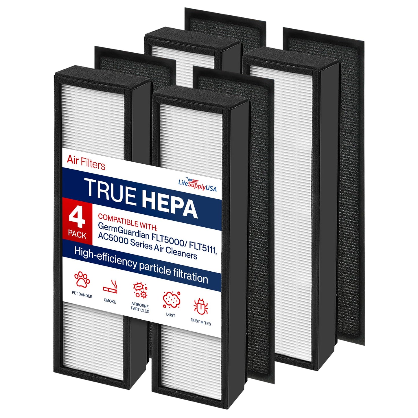 FLT5000/FLT5111 Filter C Replacement Compatible with GermGuardian AC5000 Series Air Purifiers HEPA + Carbon Pre-Filter Set by LifeSupplyUSA (4-Pack)