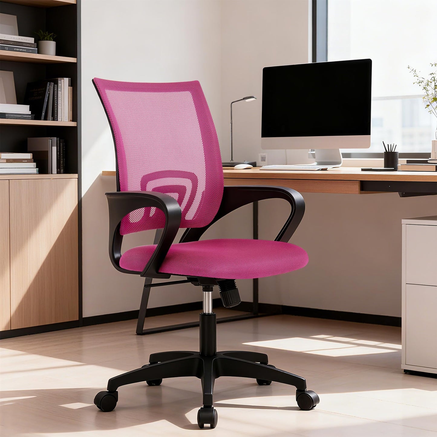 BestOffice | Ergonomic Office Chair | Mid-Back Swivel Desk Chair | Breathable Backrest & Lumbar Support | Adjustable Height | Sponge Seat | Rolling Wheels | Peach Pink | for Adults & Women