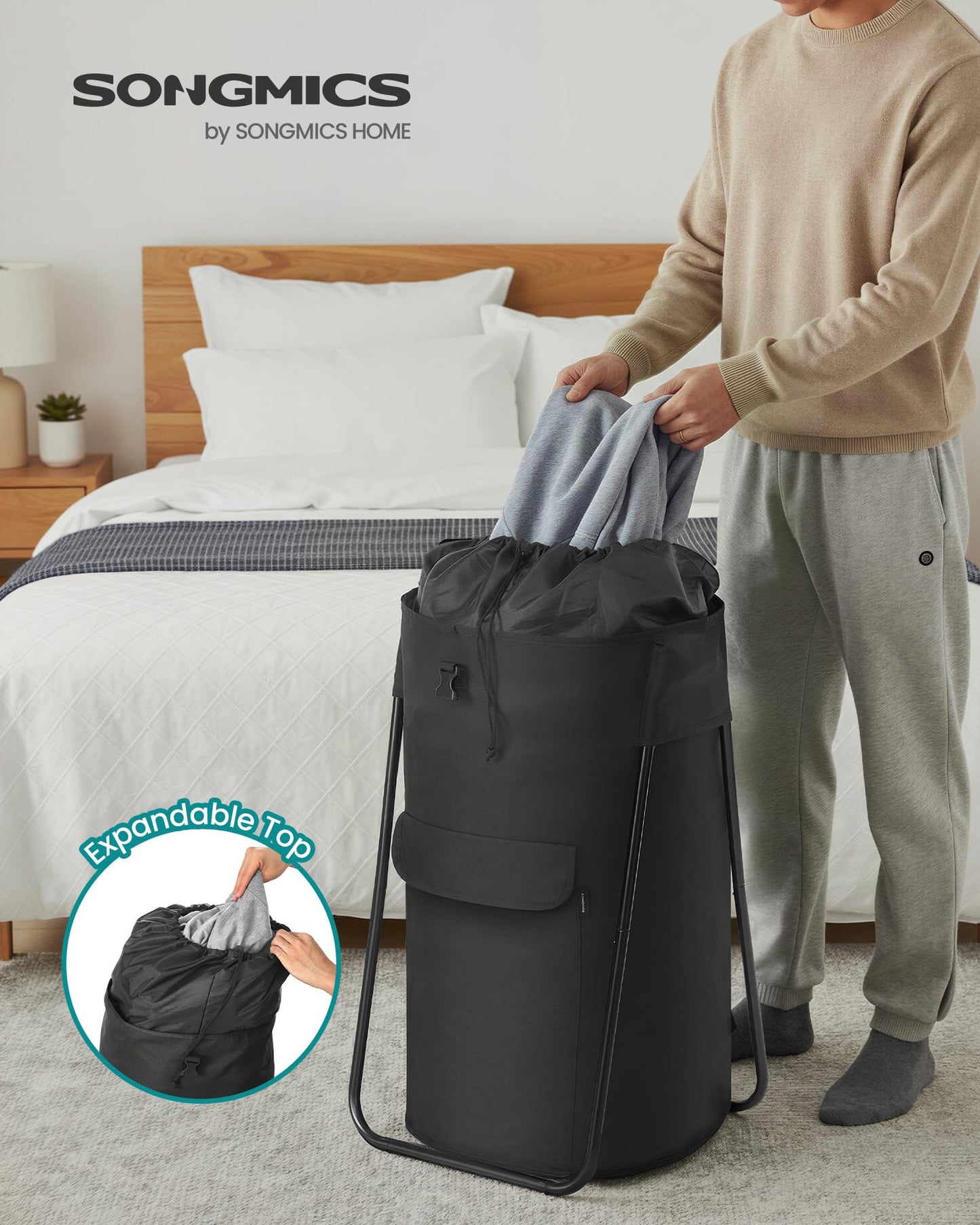 SONGMICS Laundry Bag with Stand, Laundry Backpack 31.7 Gallons (120 L), Heavy-Duty, Large with Extendable Top, Oxford Fabric, Wide Shoulder Straps and Flap Pocket, Ink Black ULCB102BH01