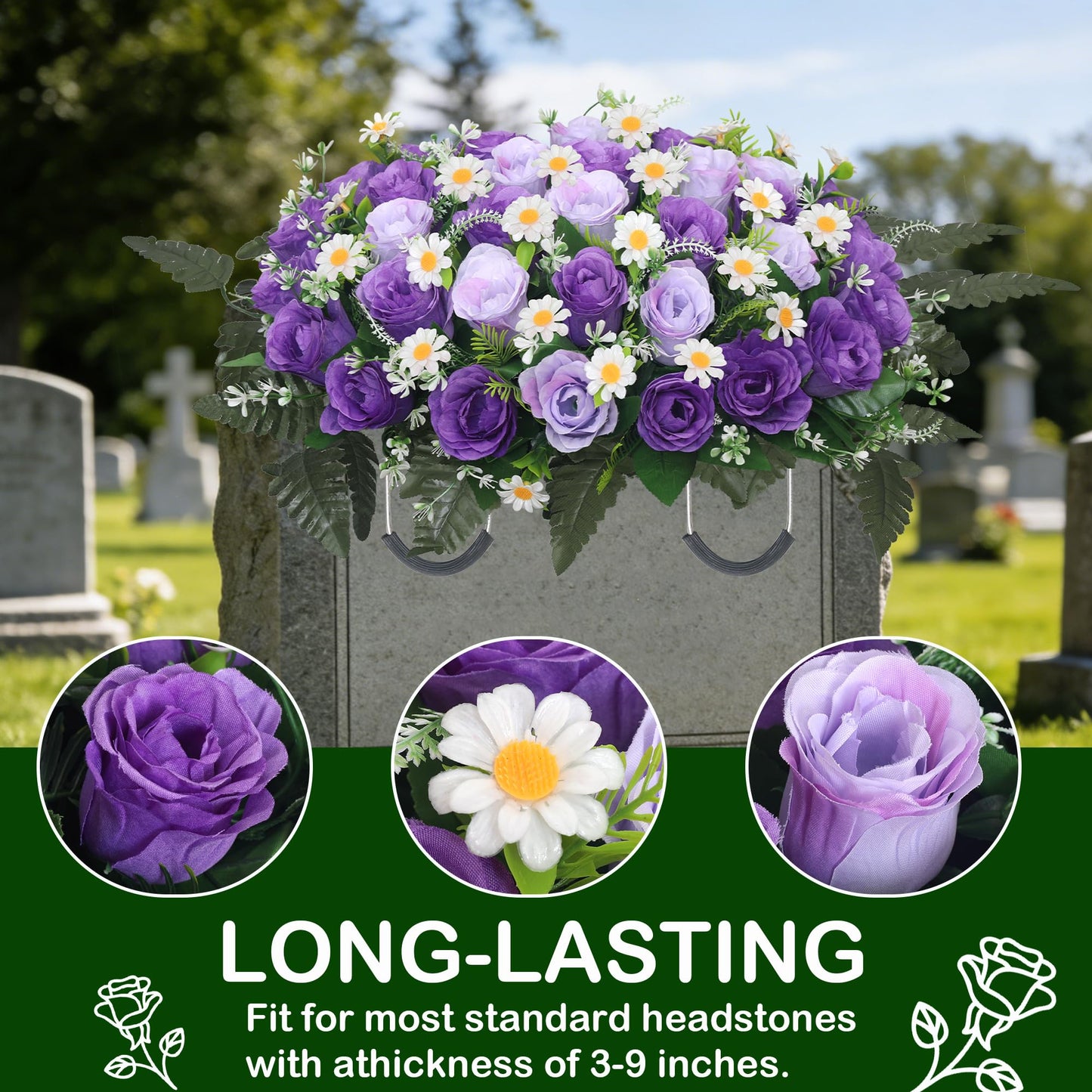 Wocst Headstone Flower Saddle,Large Artificial Cemetery Flowers for Grave Artificial Roses Daisy Saddle for Cemetery Headstone (Purple)