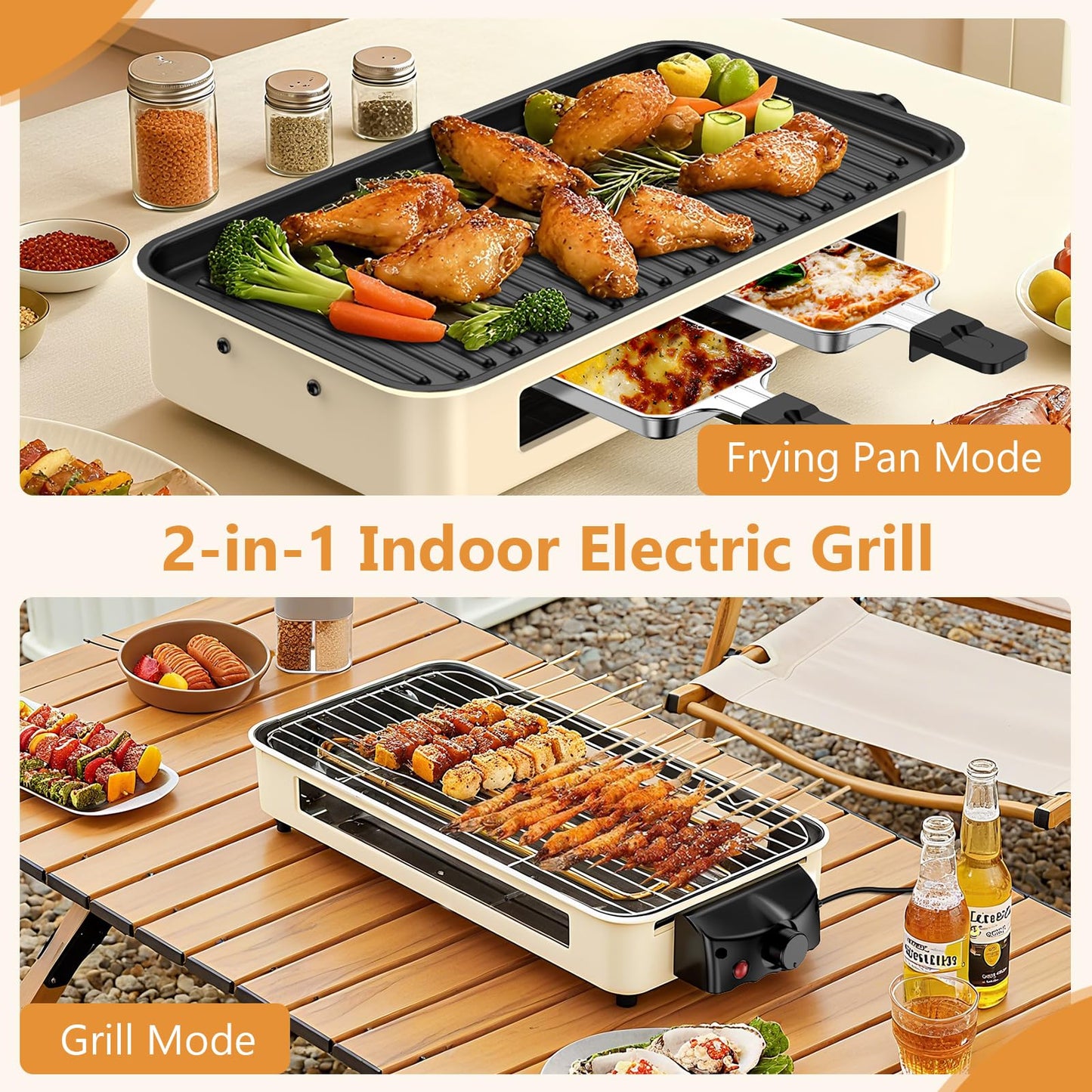 Electric Indoor Grill 1500W -2 in 1 Smokeless Indoor Grill for Kitchen with Non-stick Removable Grill & Griddle Plate,Temperature Control Korean BBQ Grill with 3 Cheese Pans Dishwasher Safe