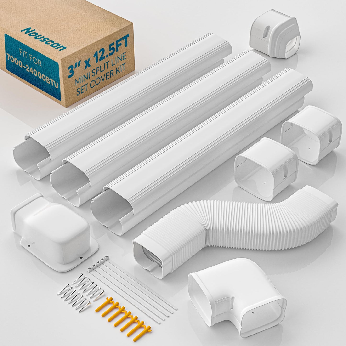 Nouscan 3" 12.5Ft Mini Split Line Set Cover with Flexible Duct, Long Duct Cover Kits - Paintable Minisplit Lineset Cover Kit, AC Line Hide for Mini-Split, Air Conditioner, Central AC, HVAC, White