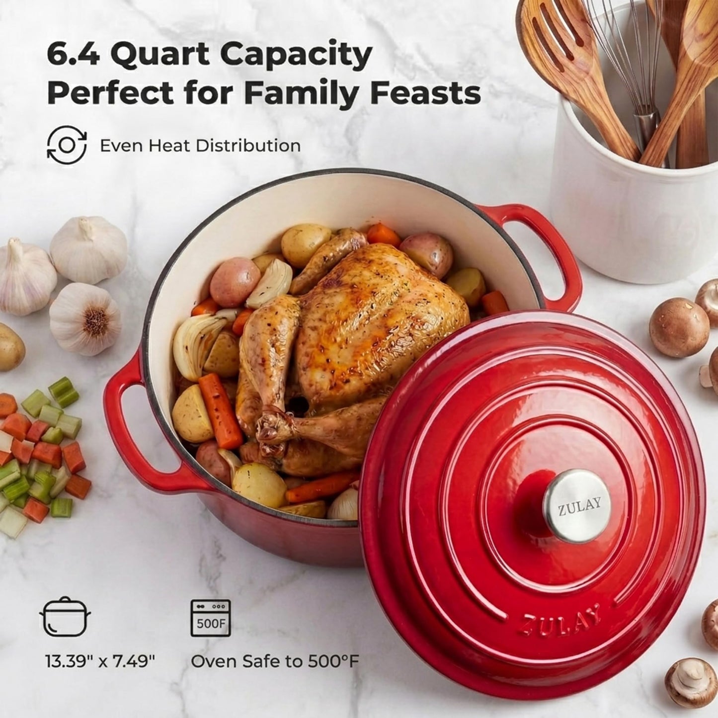 Zulay Kitchen 6.4QT Enameled Cast Iron Dutch Oven Pot with Lid, Heavy-Duty Soup Pot for Stews, Braising, Roasting & Sourdough Bread Baking, Oven Safe up to 500°F - Ablaze Red