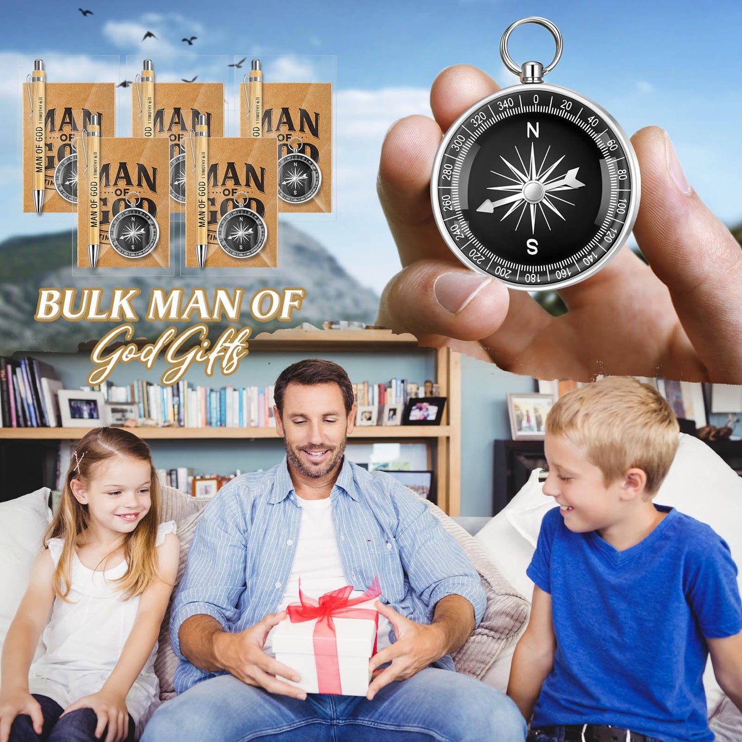 Chiisong 25 Set Man of God Gifts Include 25 Christian Mini Compass, 25 Religious Notebooks, 25 Bamboo Ballpoint Pens for Father's Day Pastors Church Travel Party Favors(25 Sets,Black, Silver)