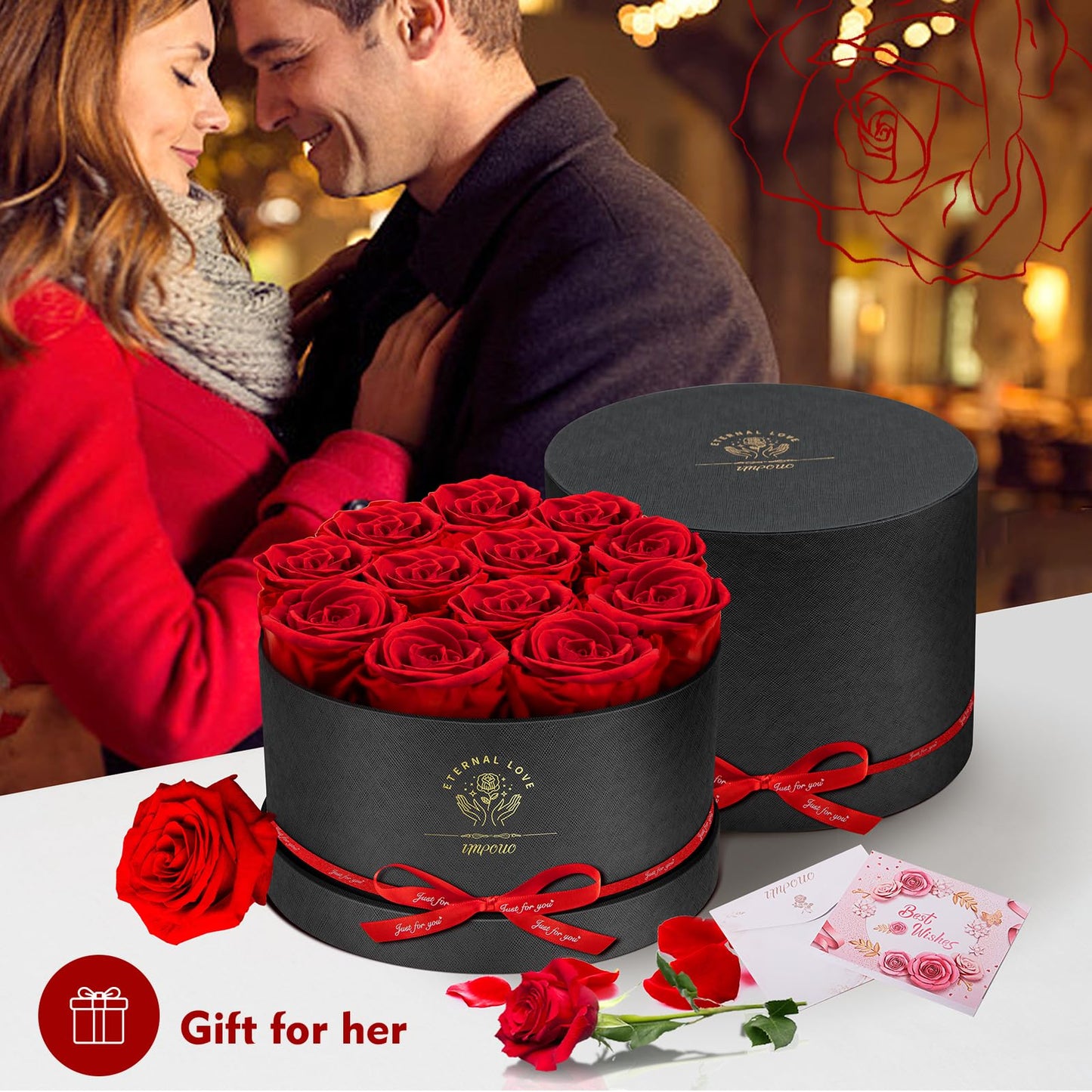 Impouo Forever Flowers,12 Red Roses in A Box, Real Preserved Roses, Birthday Gift for Women, Mother's Day, Anniversary Day- Red Roses