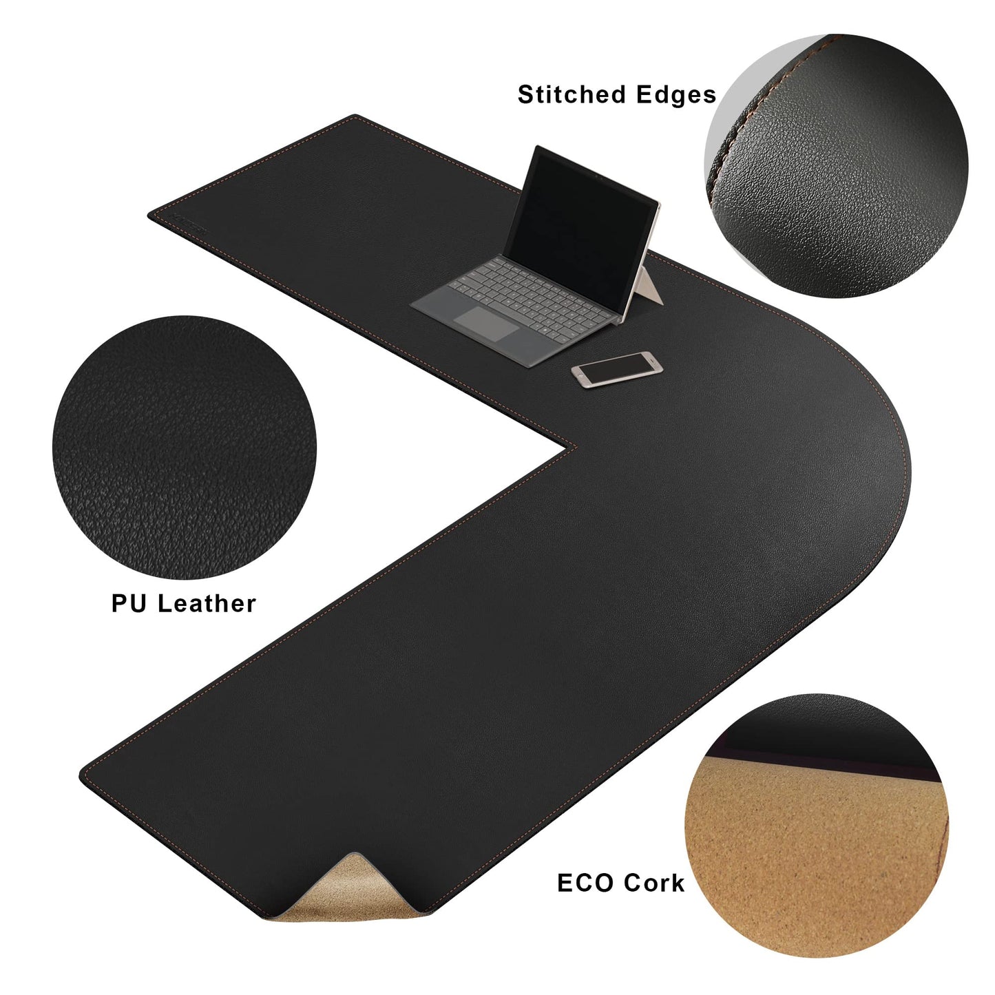 MAIDERN (47” + 47”) x 15.7” L Shaped Corner Desk Mat, Cork & Leather Reversible Desk Pad for Gaming Computer Office Home (Black)