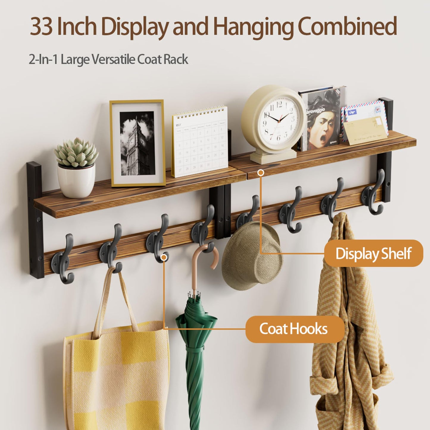 Segtenant 33 inch Coat Rack Wall Mount with Shelf, Entryway Wall Hooks with Shelf, Heavy Duty Coat Hanger Wall Mount for Living Room, Bedroom, Rustic Brown & Black