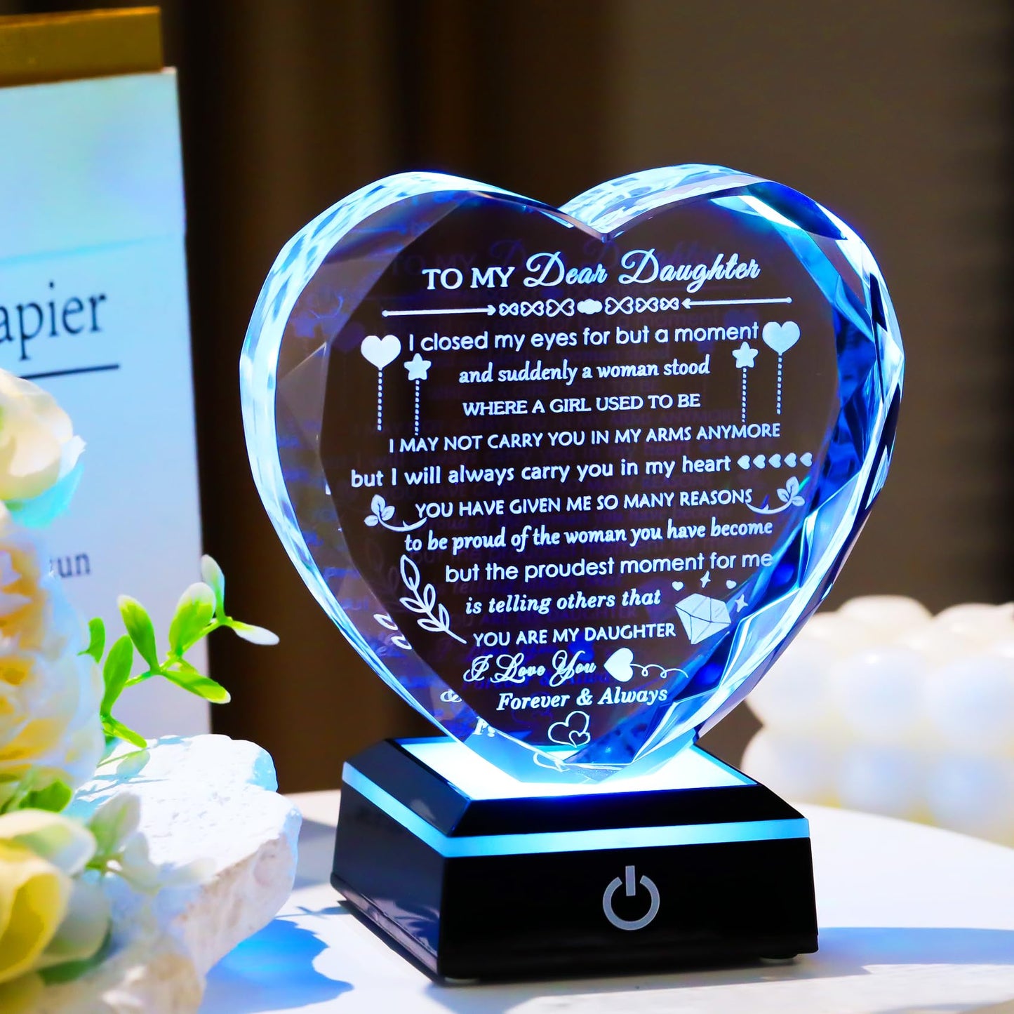 YWHL Gifts for Daughter with Colorful LED Base Best Daughter Birthday Gifts from Mom Dad Heart Crystal to My Daughter Gift on Christmas Valentines Mothers Day
