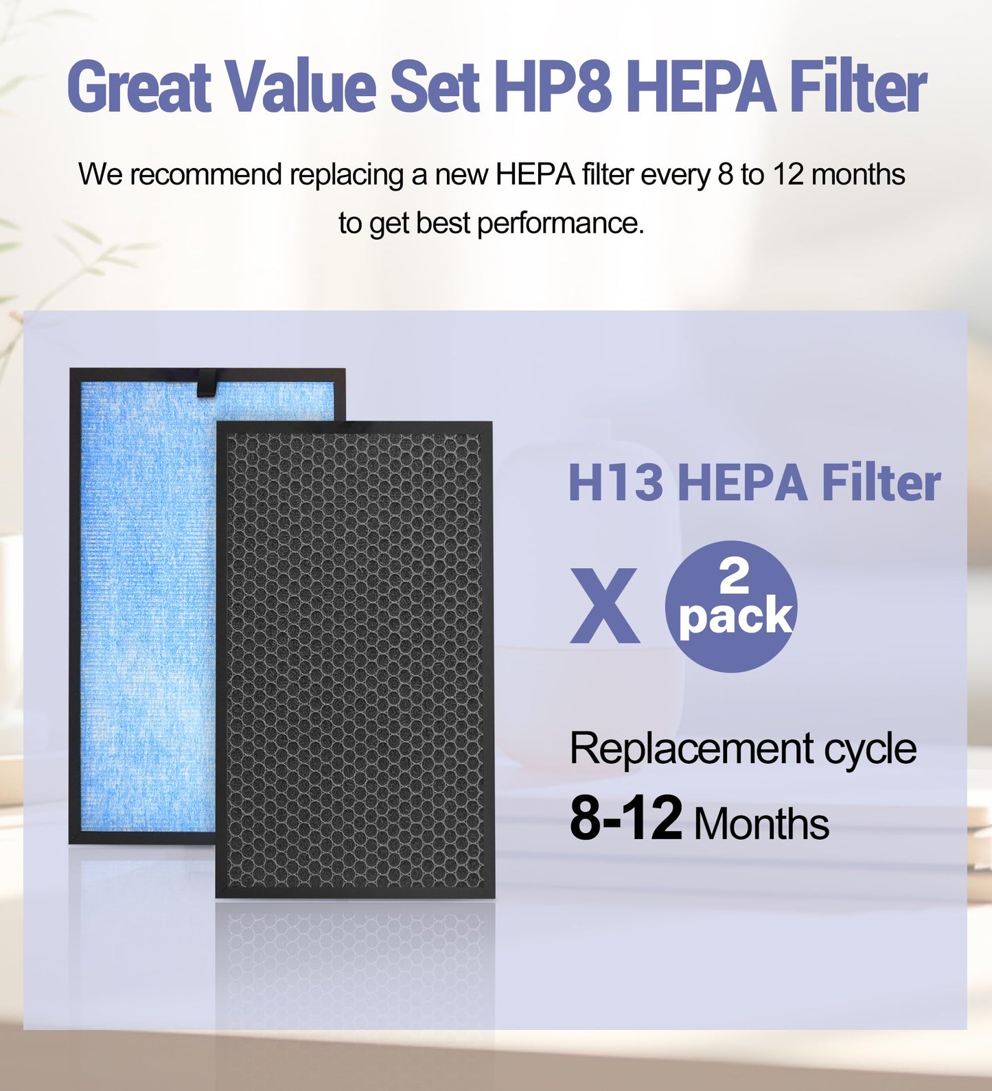 Popurure HP8 Replacement Filter Compatible with SimPure HP8 Air Purifier, Part # SP-HP8-RF, H13 HEPA Filter and Activated Carbon Filters, 2-Pack
