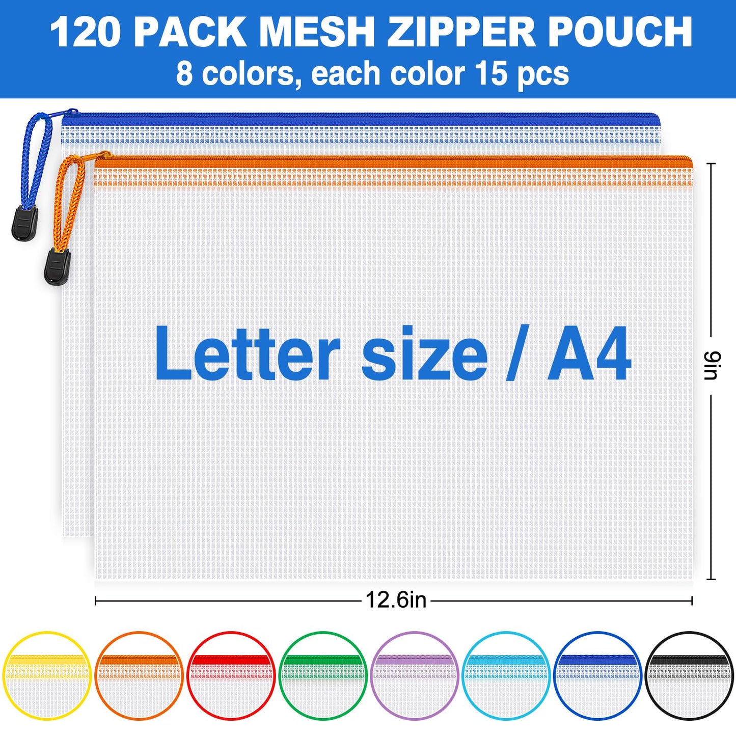 120 Pack Mesh Zipper Pouch Bags, A4 Mesh Bags with Zipper in 8 Color, Waterproof Zipper Pouches for Organization, Plastic Zipper Bag for Classroom & Office, Ideal Back to School Supplies