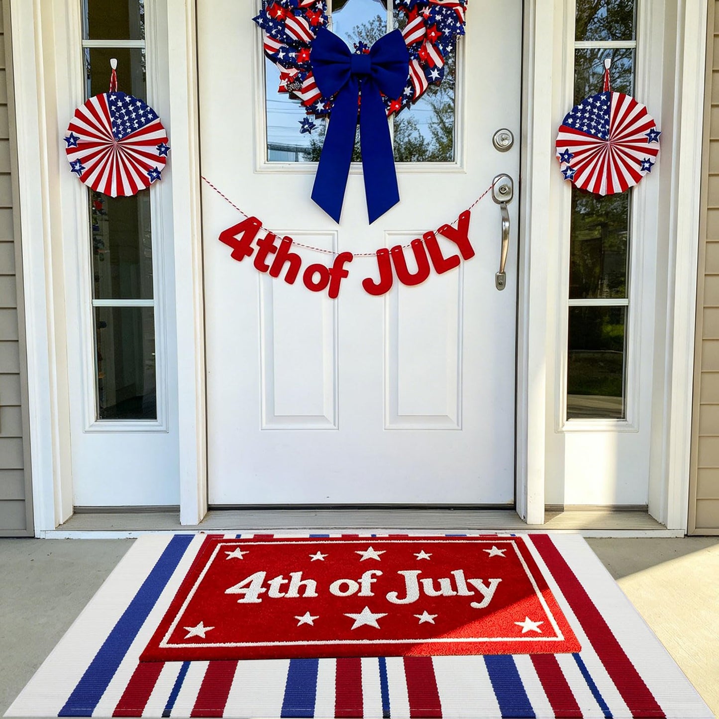 USA 250th Anniversary Patriotic Doormat, 2'4" x 3'7" Red White and Blue Striped Outdoor Rug, Washable Farmhouse Front Porch Welcome Mat for Memorial Day, 4th of July, and Independence Day Decor
