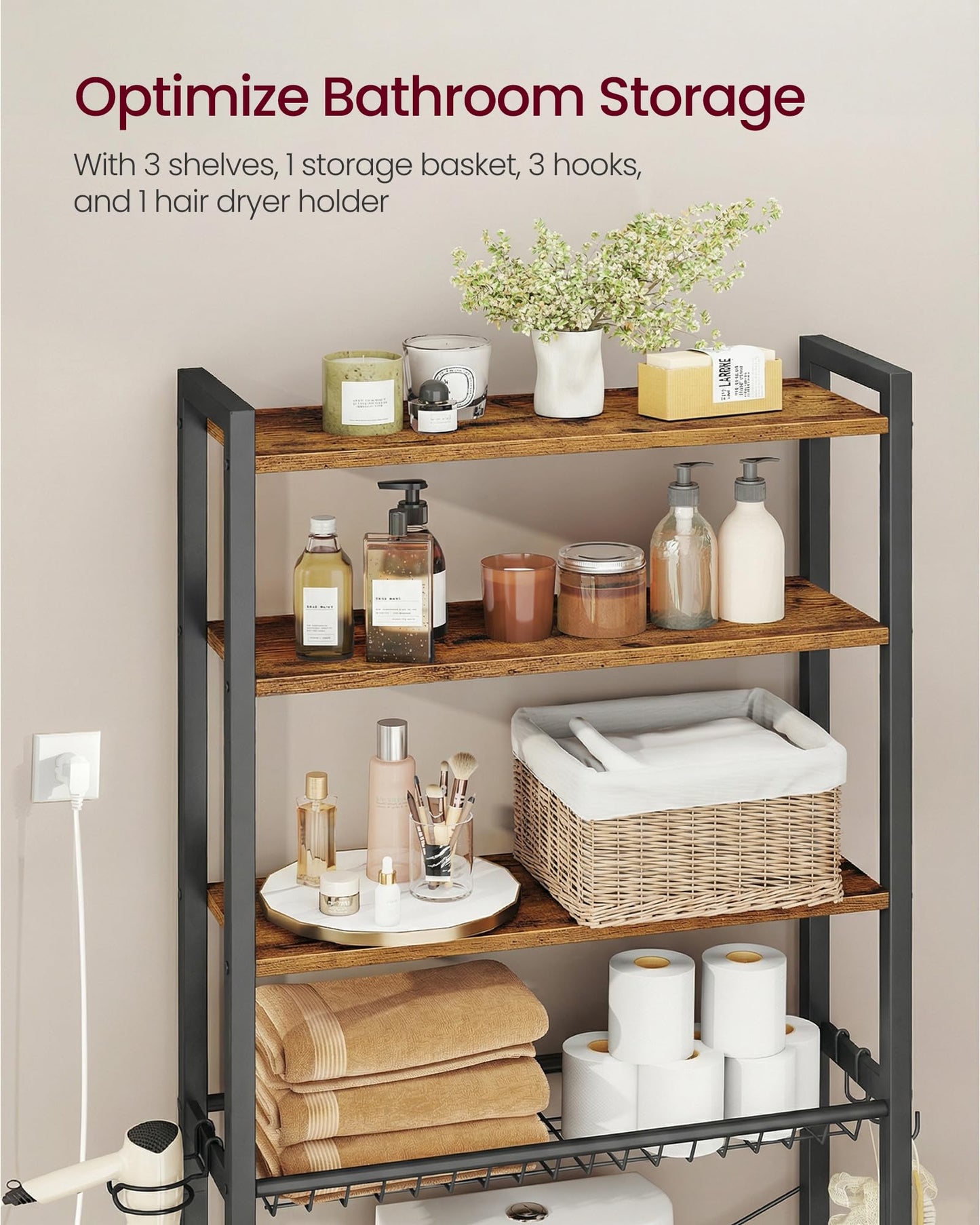VASAGLE BARNET Collection - Over the Toilet Storage, Over Toilet Bathroom Organizer with Adjustable Shelves and Basket, 3 Hooks, Space Saving, 9.4 x 23.6 x 68.1 Inches, Rustic Brown UBTS114KD01S
