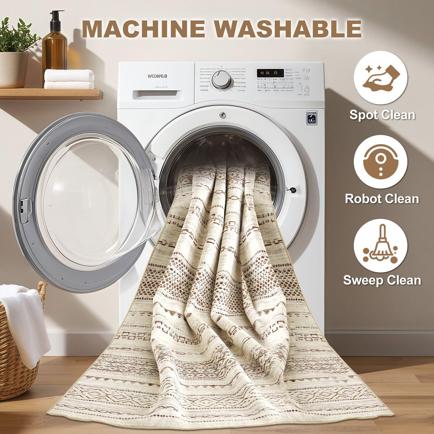Nakagishi Area Rug Living Room Rugs: 5x7 Machine Washable Boho Large Neutral Farmhouse Stain Resistant Moroccan Indoor Floor Carpet for Bedroom Nursery Dorm Classroom Playroom Dining Room Home- Brown