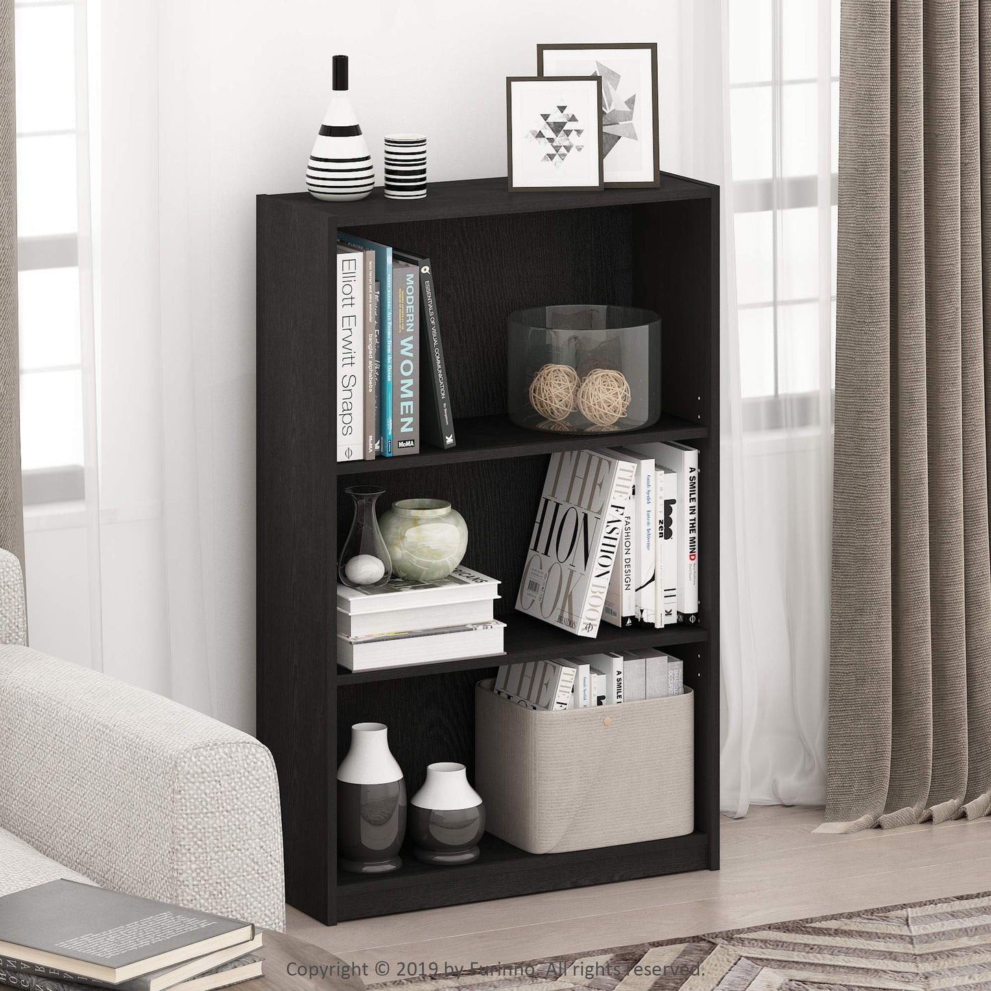 Furinno Jaya Book Shelf, 3-Tier Bookshelf, Bookcase with Adjustable Shelves, 9.5 x 24.5 x 40.3, for Organization and Storage, for Living Room, Bedroom, Home Office, Blackwood