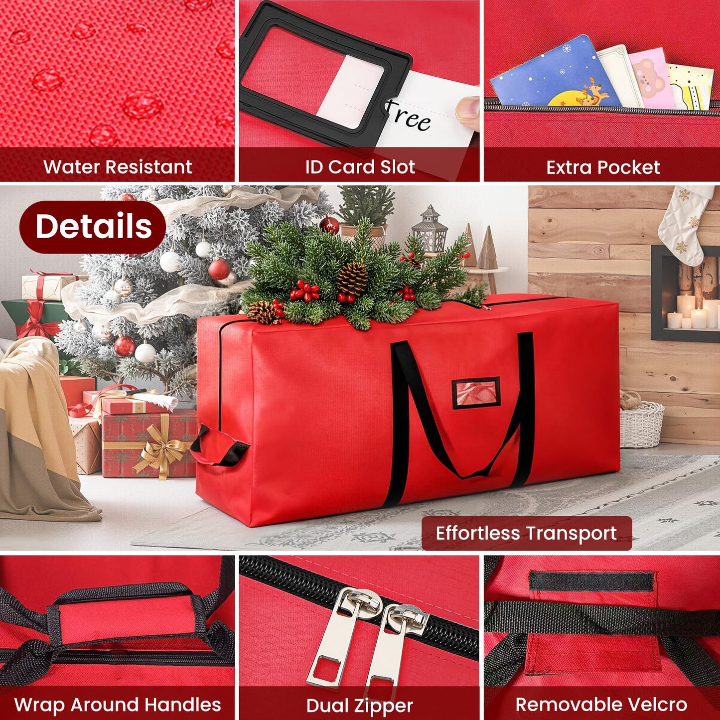 Christmas Tree Storage Bag, 9FT Large Christmas Tree Bag 600D with Reinforced Handles, Heavy Duty 9 Foot Tree Bags for Storage Waterproof Xmas Tree Box, Dual Zippers, Wide Opening, Red