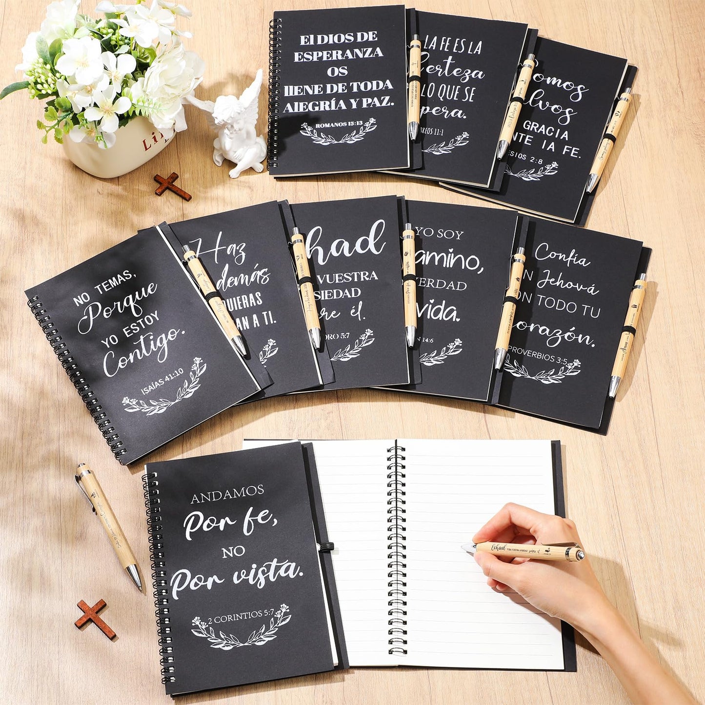 Resurhang 20 Pcs/10 Sets Regalos Cristianos En Español Spanish Christian Notebooks with Pen Spanish Religious Gift Bulk Motivational Journals Inspirational Pen Thank You Gift for Church (Black)
