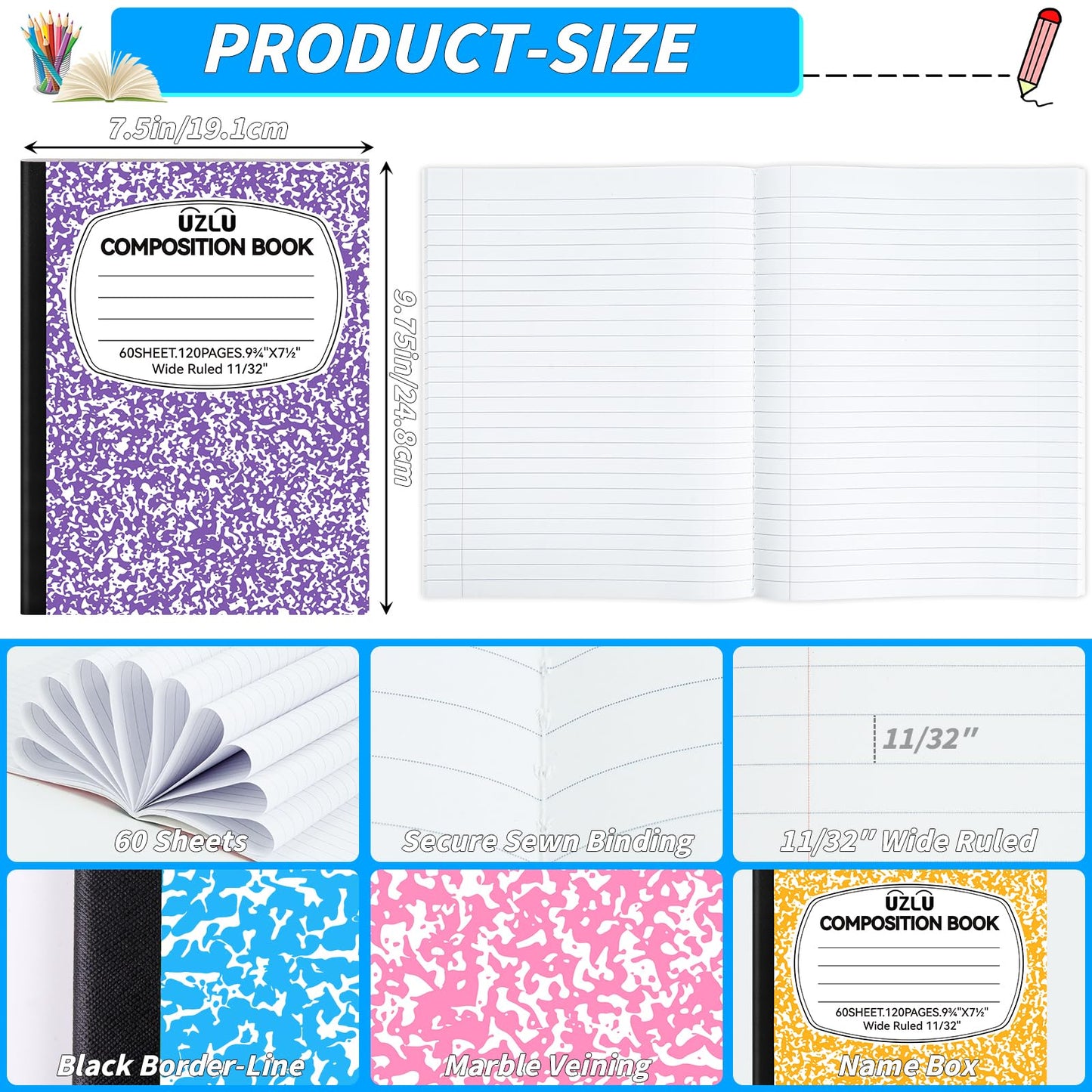 24 Pack 9.75 x 7.5 in Large Composition Notebooks Bulk 12 Color Wide Ruled Composition Books Marble Journal Notebook 60 Sheets per Book for Aldult Student College Office Back to School Supplies