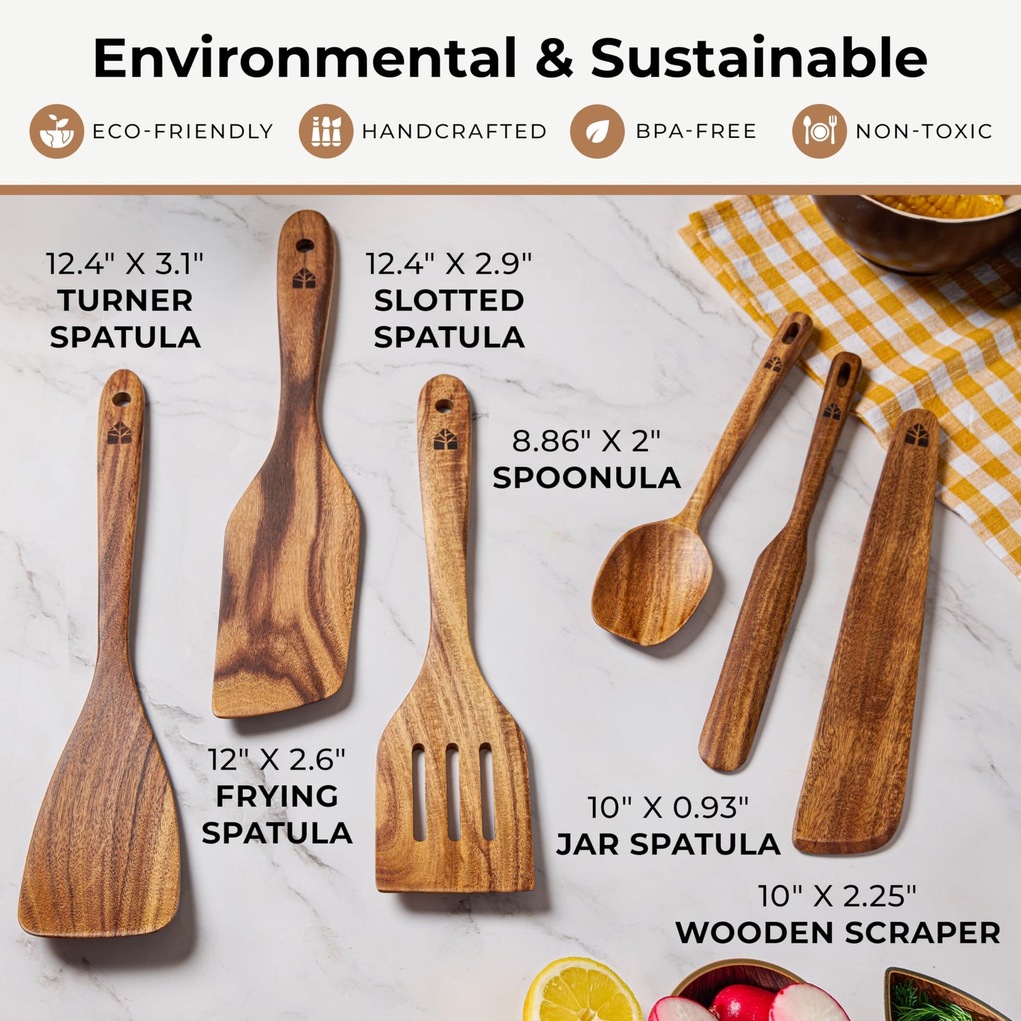 Wooden Spatula for Cooking - Non-Scratch, Sturdy, Natural Teak Cooking Utensils - Easy to Clean Wooden Spatula Set with Turner, Scraper, Slotted & Frying Wood Spatulas, Jar Scraper, Spoonula - 6 Pcs