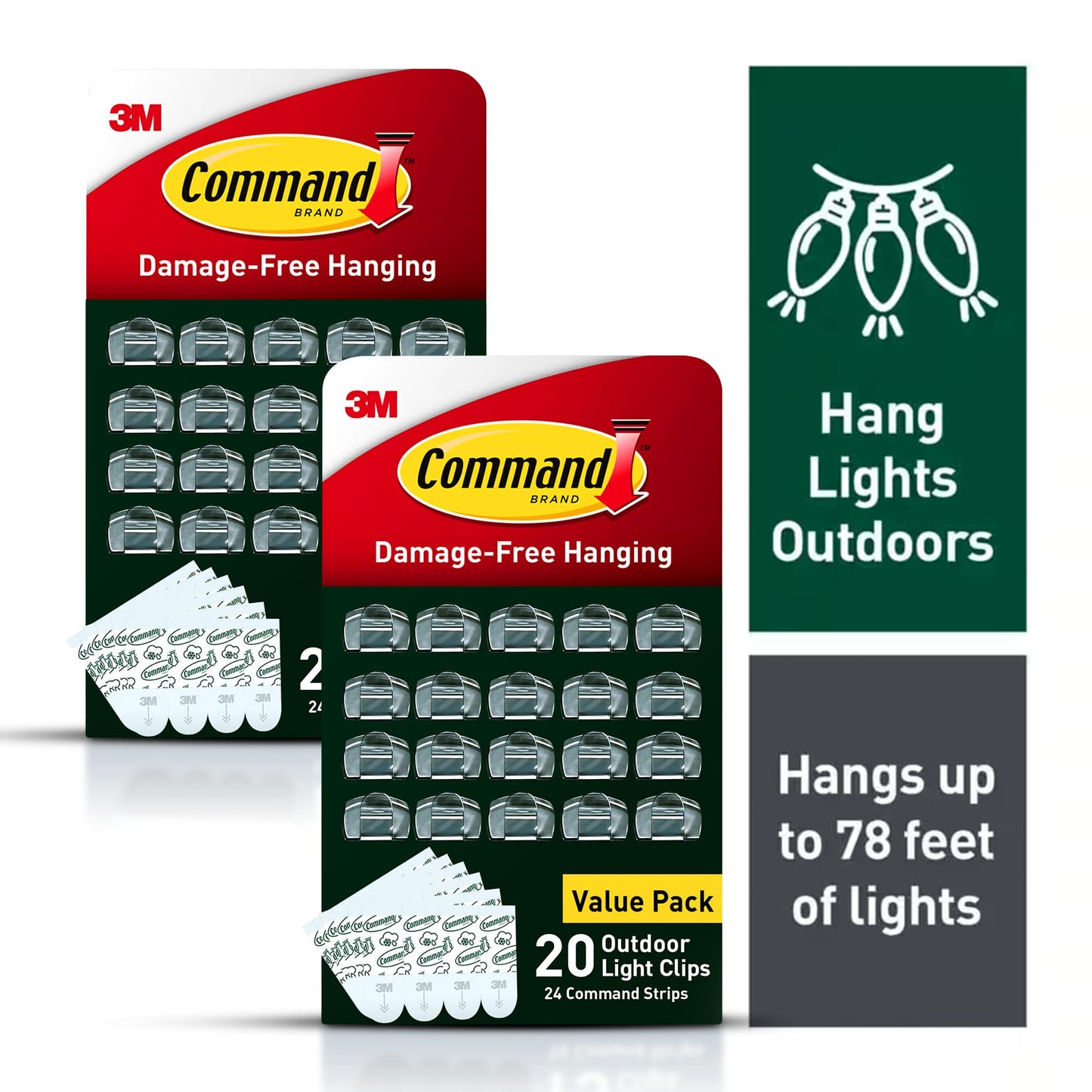 Command Outdoor Light Clips, 40 Clear and 48 Strips, Damage Free Hanging with Weather Resistant Strips, Wall Clips for Hanging Outdoor Lights and Cable Management
