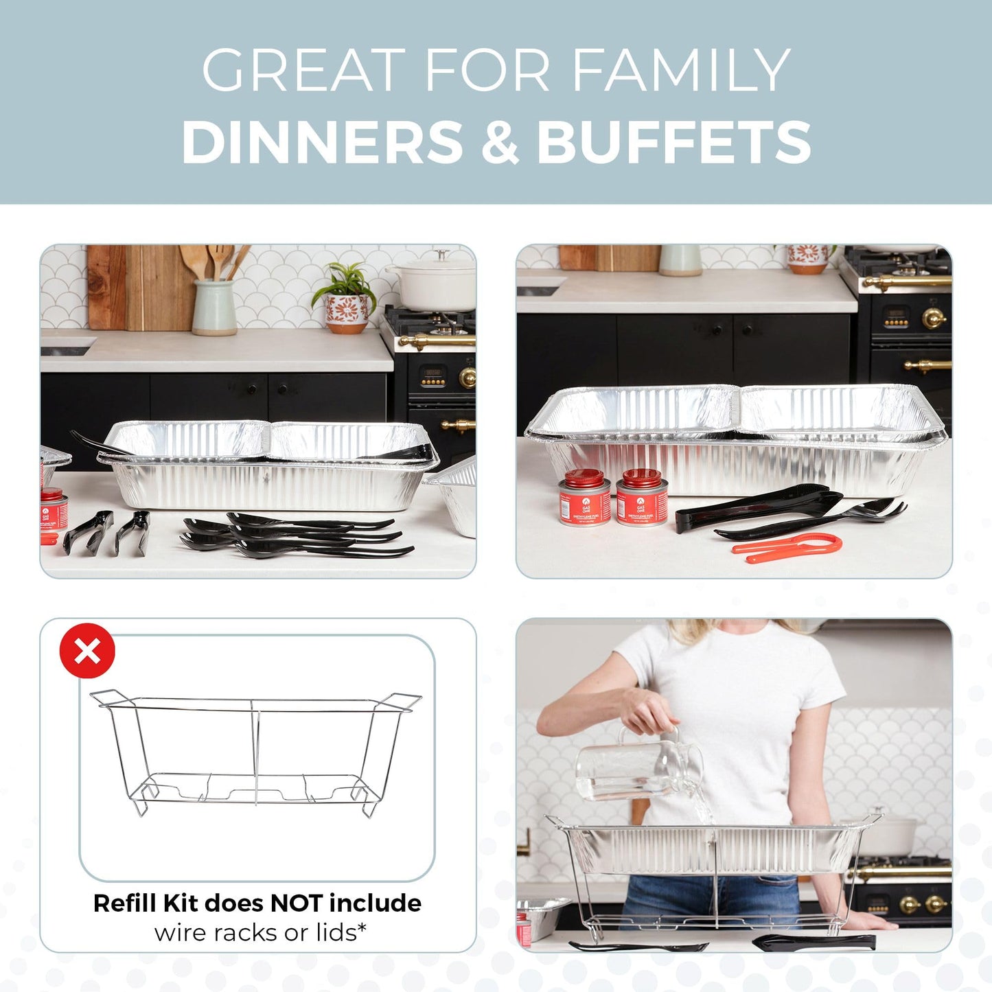 Alpha Living Large Full Size Refill Kit Disposable Chafing Buffet with - Utensils, Fuel Cans Only – Premium Chafing Dish Set for Events, Parties, Catering