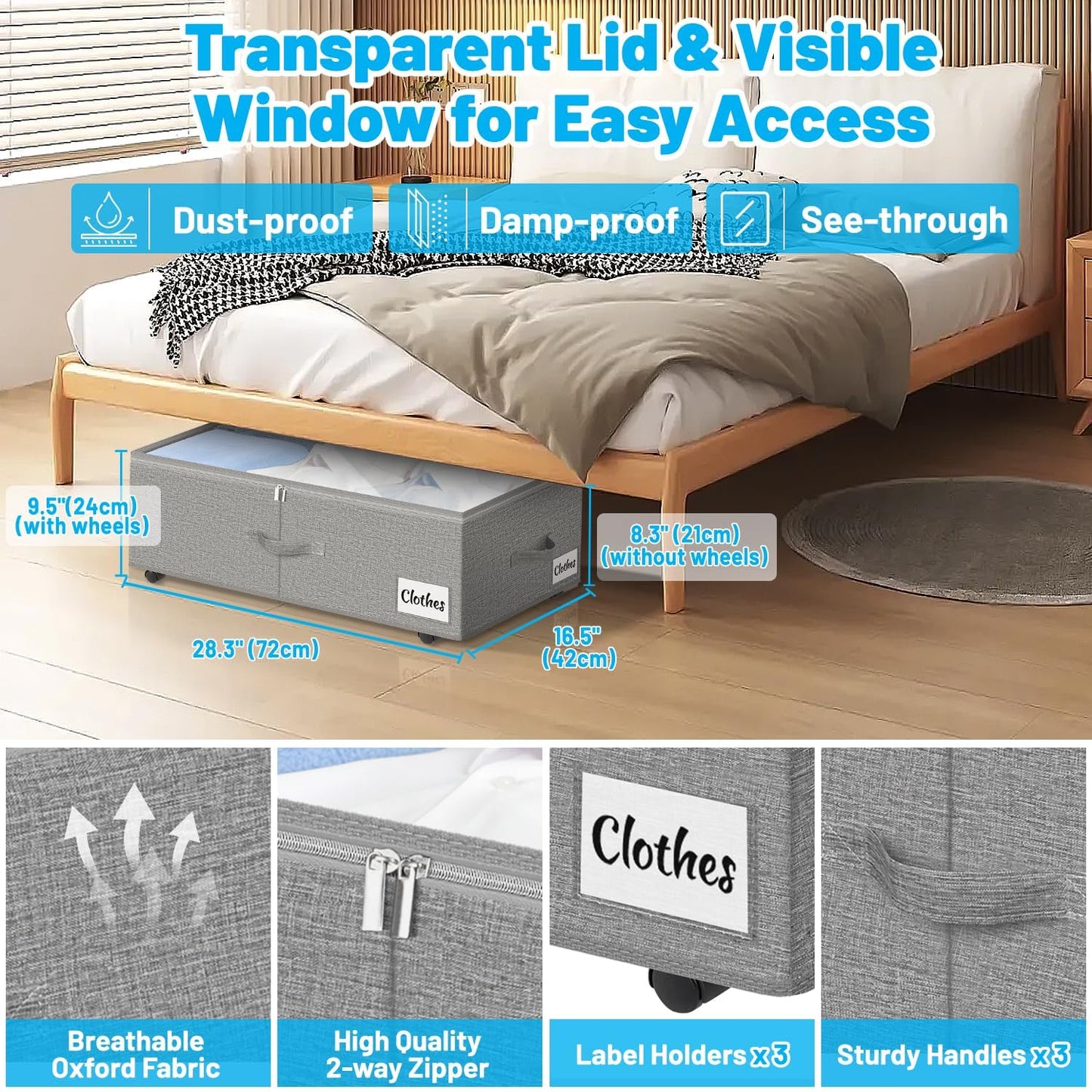 Under Bed Storage with Wheels, 2-Pack 10" Height XXL 75L Rolling Storage Bins, Quick Assembly Underbed Shoe Storage Containers with Clear Lid & Label, Dorm Under Bed Drawers for Clothes, Shoes, Grey