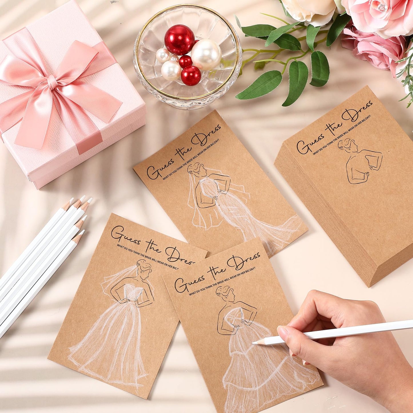 Sinload 50 Sets Guess the Dress Bridal Shower Games for Guests Wedding Shower Games Cards Water Soluble Pencils with Fun Heart Wooden Clip and 1 String Rope Wedding Party Supplies Games Ideas